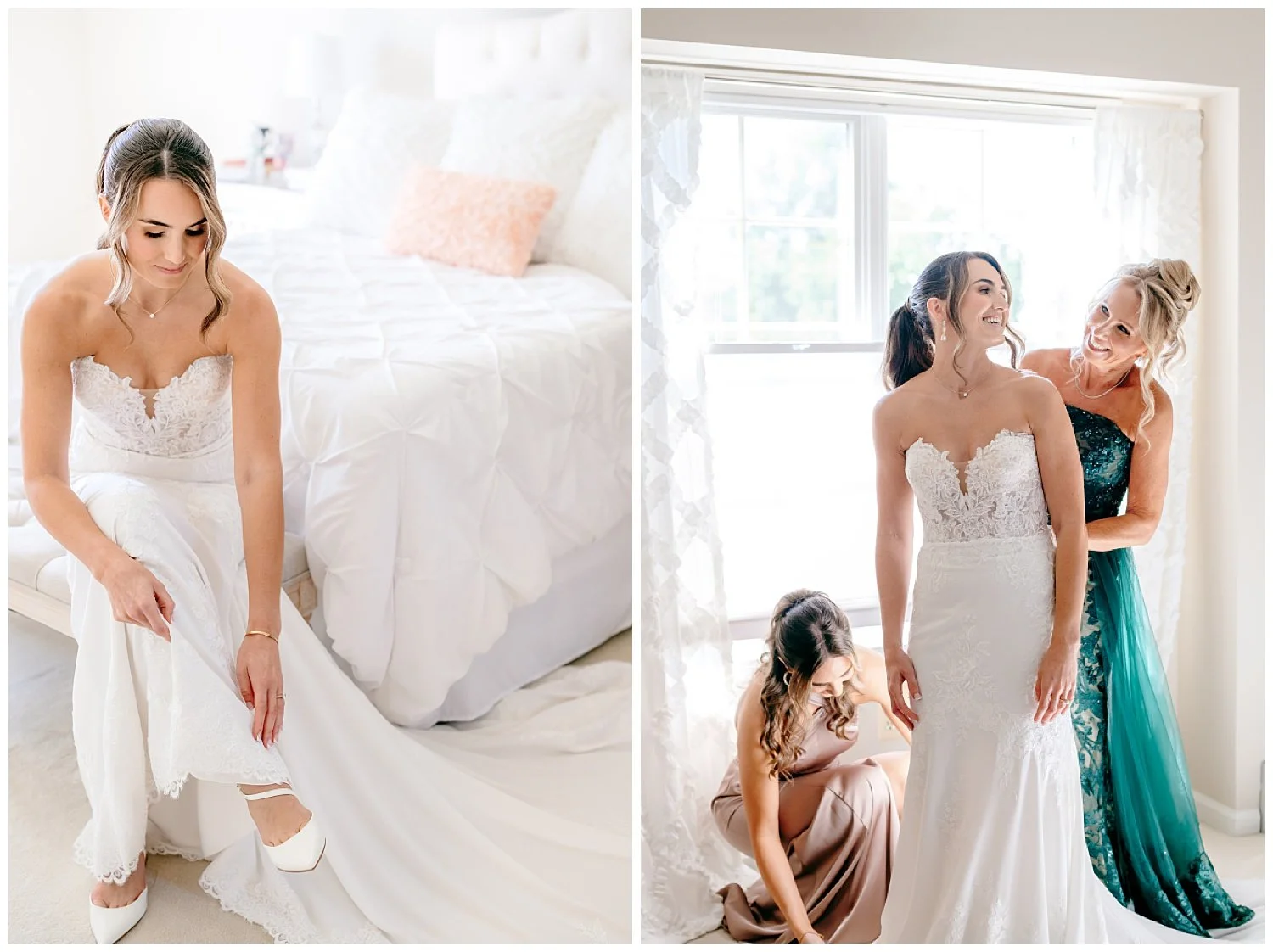 bride with mother and sister getting into wedding gown