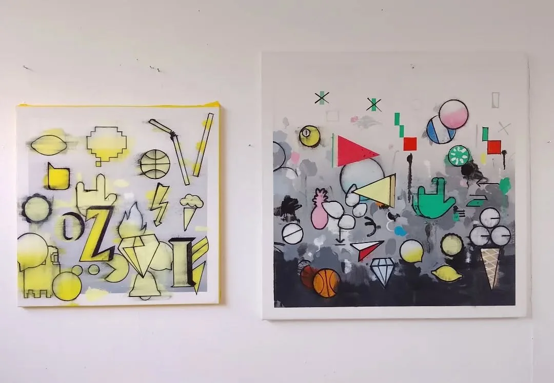 Lemon logo loco
And
Mono/techno

60 cm sq and 80 cm sq
Both oil on canvas 
Both ongoing

#stuff #doomscrolling #logo #trademark #graphicdesign #typefacedesign #grids #cones #cubes #spheres #arthistory #landscapepaintings #note to #self, remove #maski