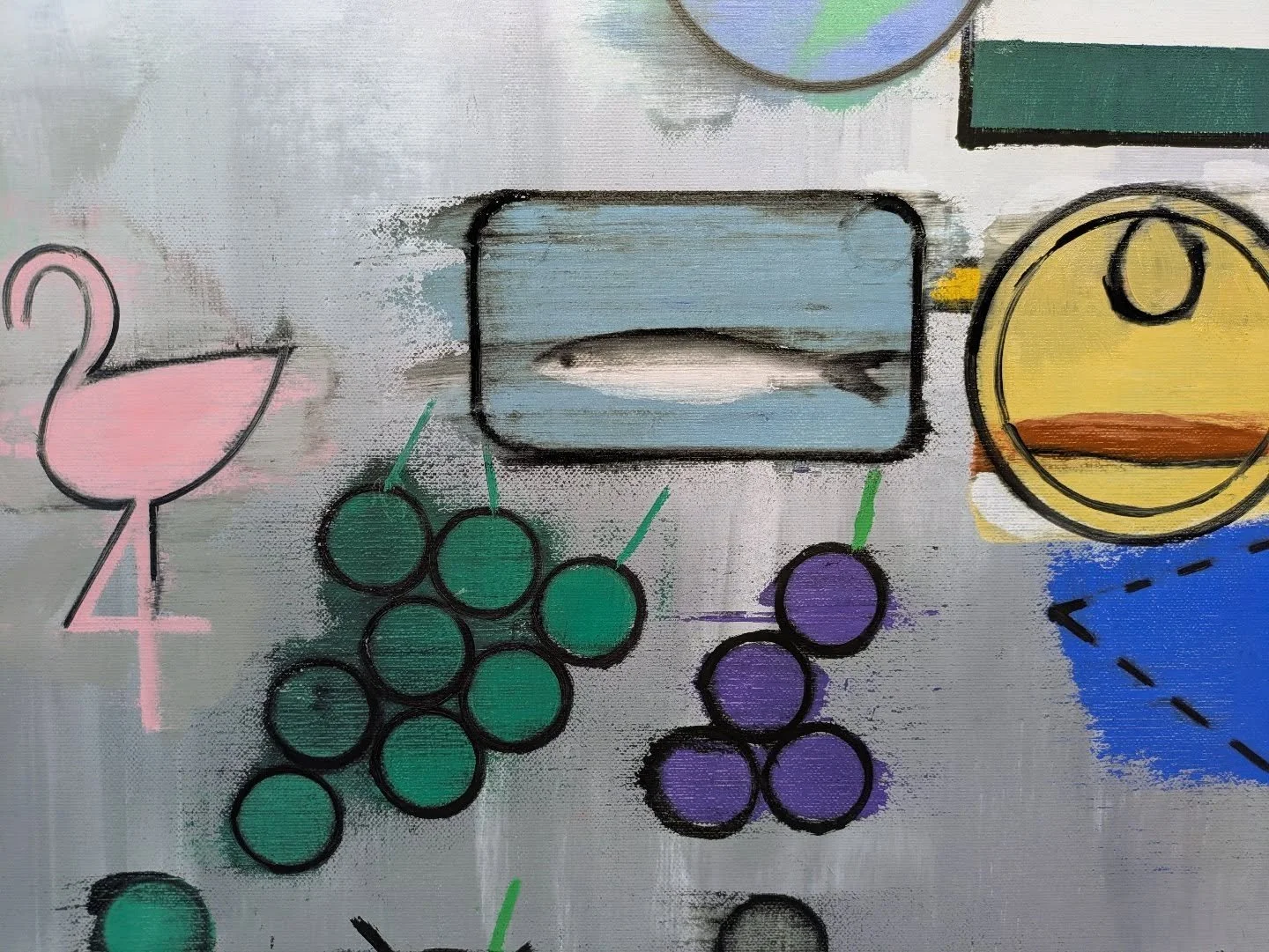 A representation of a tin of sardines, a tin of anchovies, a Bermuda triangle, a pink flamingo and some grapes walk into a painting...
#badjokes
#oilpainting 
#tinnedfish 
#closeup
#gesamtkunstwerk