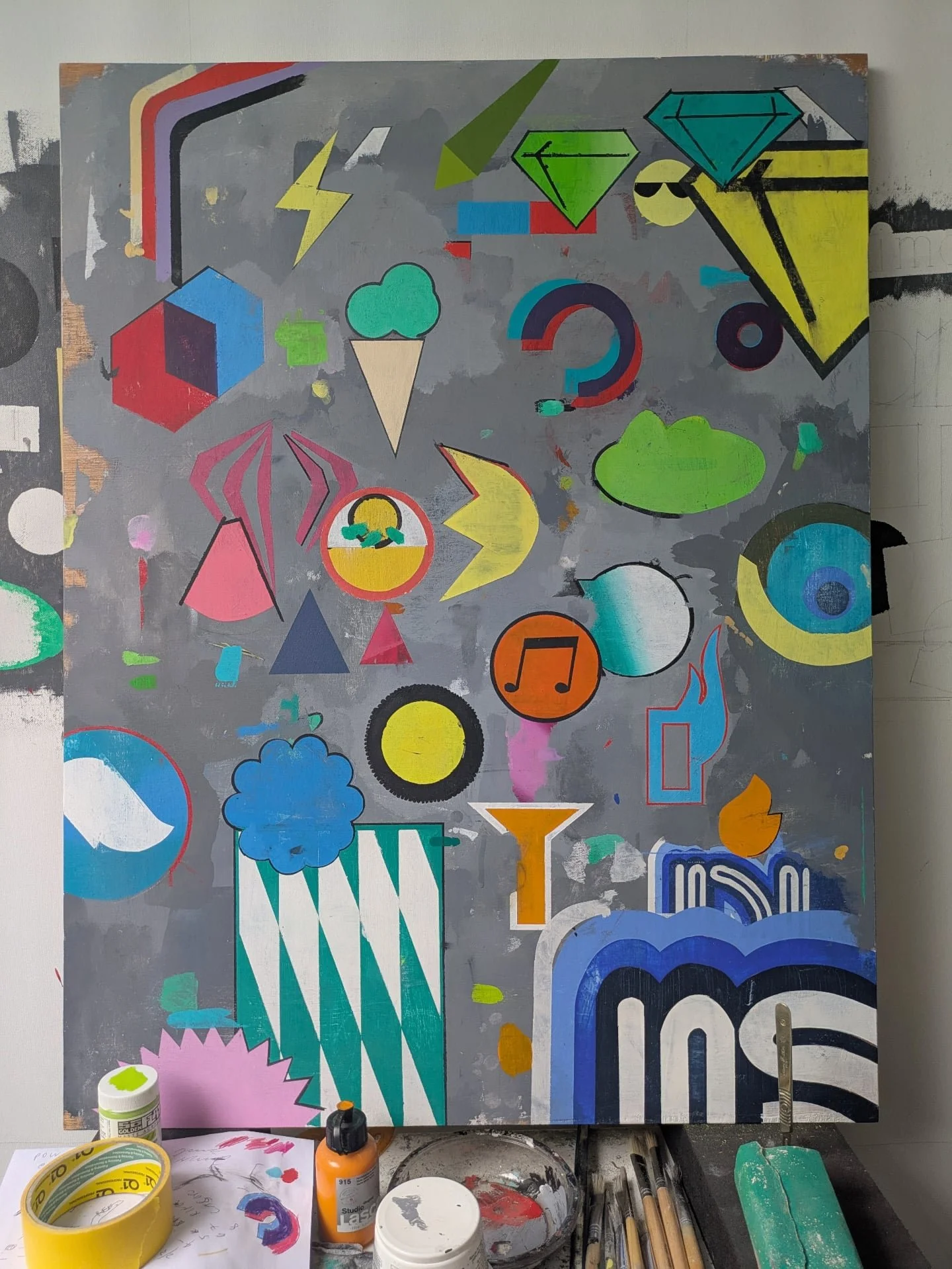 Lens fl a.i r
Acrylic on board 
80 x 60
#wip

When I paint at home I work with acrylic (oil takes ages to extract from kids hair/clothing etc). So here's an ongoing recent one. My wife saw it and remarked 'hmm, slightly jarring colours and shapes' - 