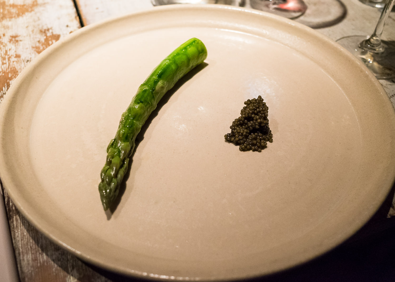 A steamed asparagus, very good cream and Finnish fish eggs