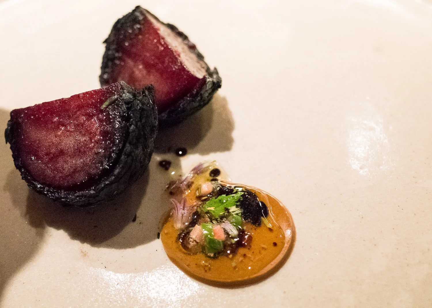 Beetroot cooked in the fire, roasted and very finely ground lupin (v)