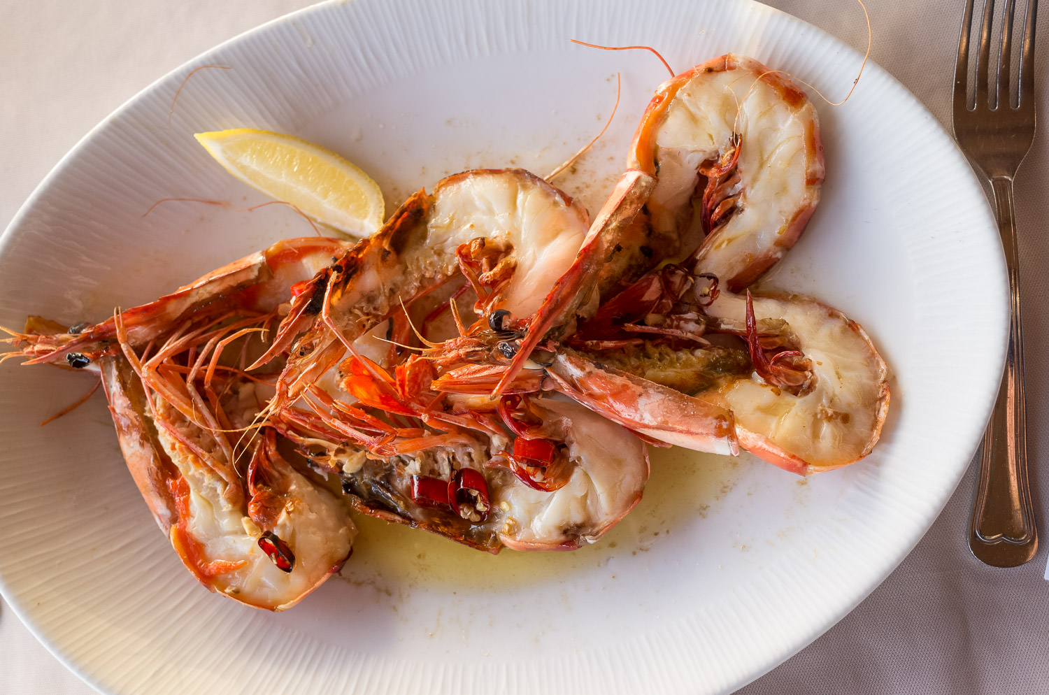 Grilled tiger prawns with garlic, olive oil and chilli