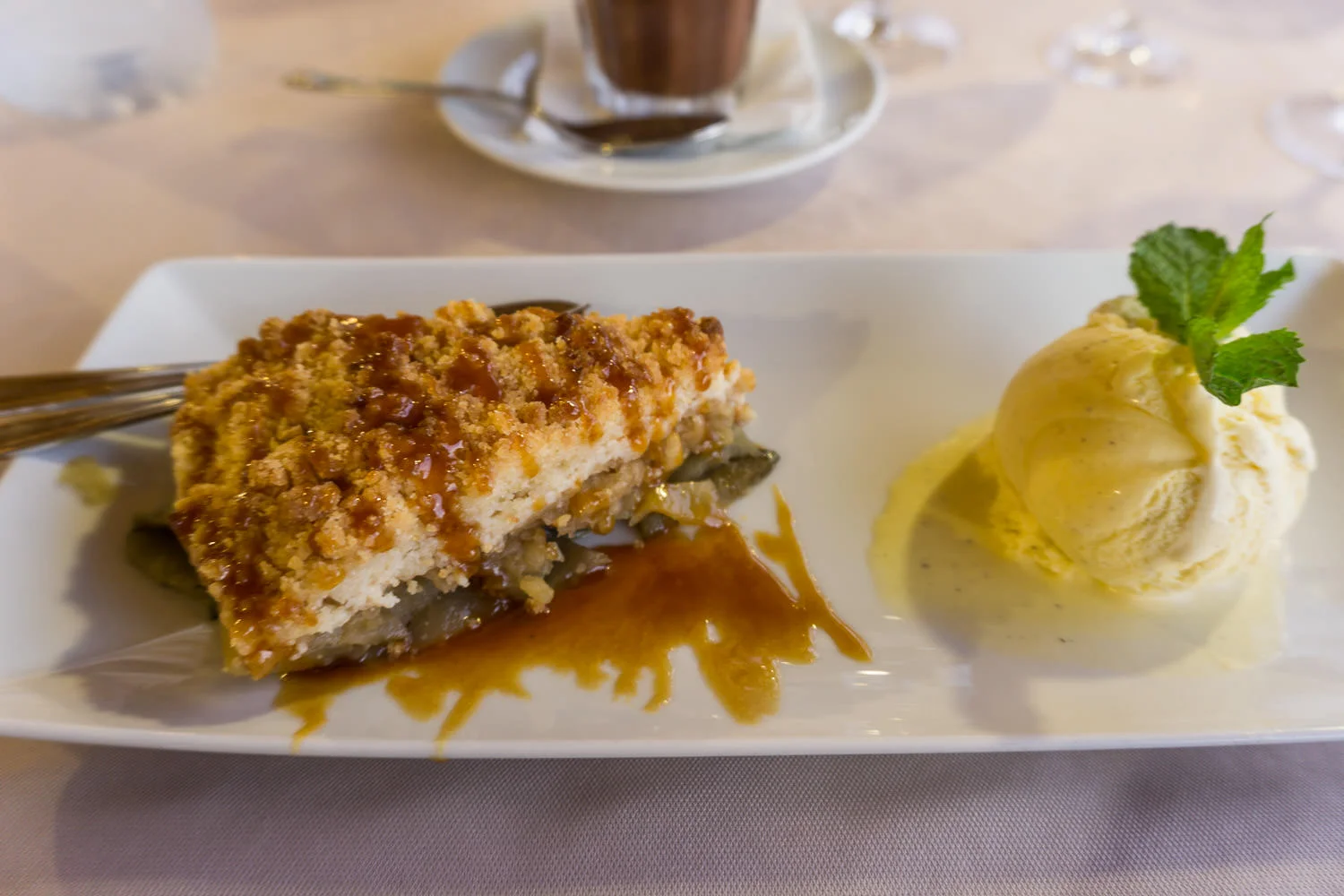 Hot apple crumble with vanilla ice cream