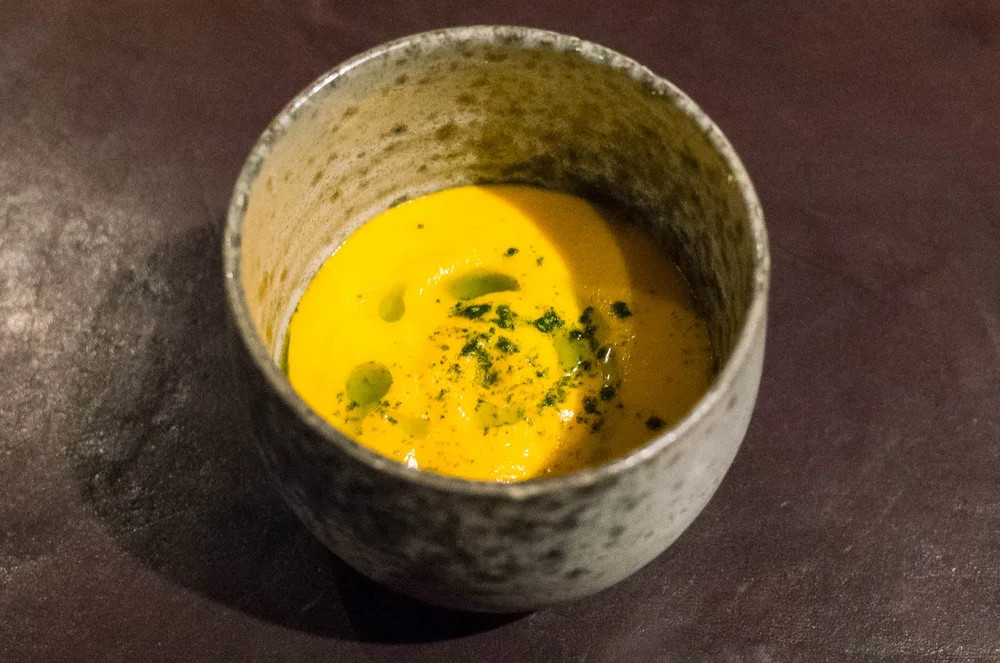 Grilled prawn, carrot, nasturtium &amp; Roasted carrot and nasturtium (v)