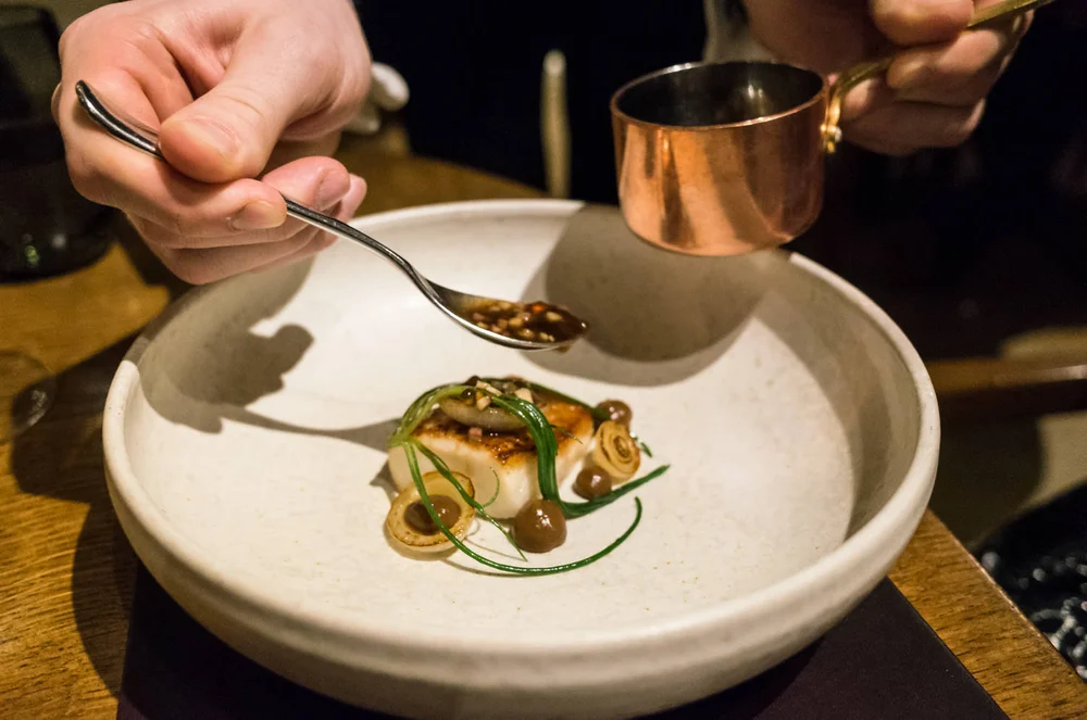 Turbot with onions, smoked eel and monk’s beard