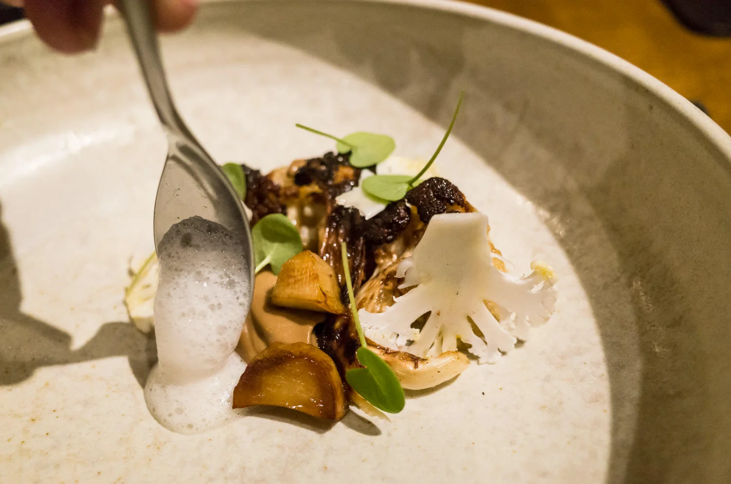 Roast Cauliflower, fermented mushroom, yeasted apple (v)