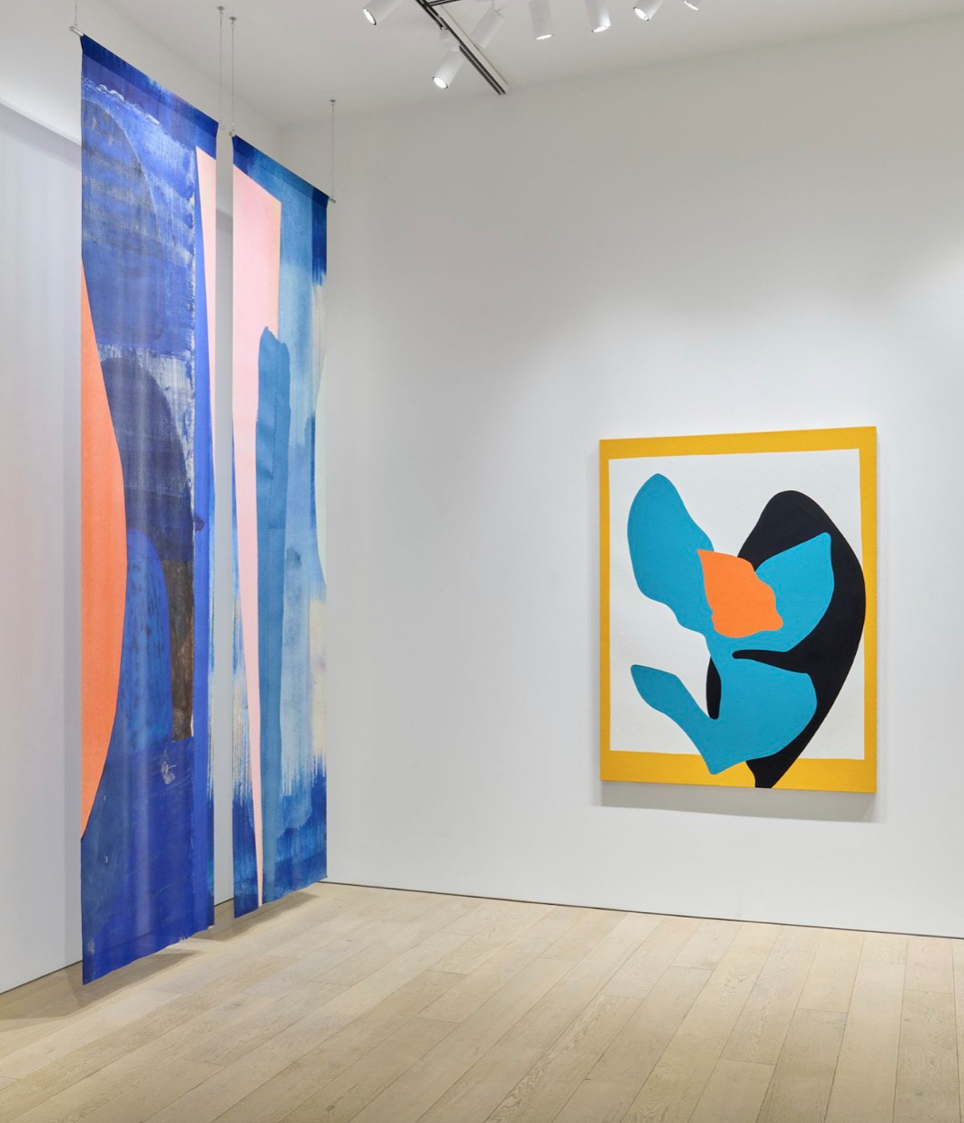 Installation, DRAWING WITH SCISSORS, 2022, Berggruen, San Francisco, photo: Glen Cheriton   HALF OCEAN, 2022, 12’ x 6’,  dye on silk (pictured here with work by Paul Kremer)