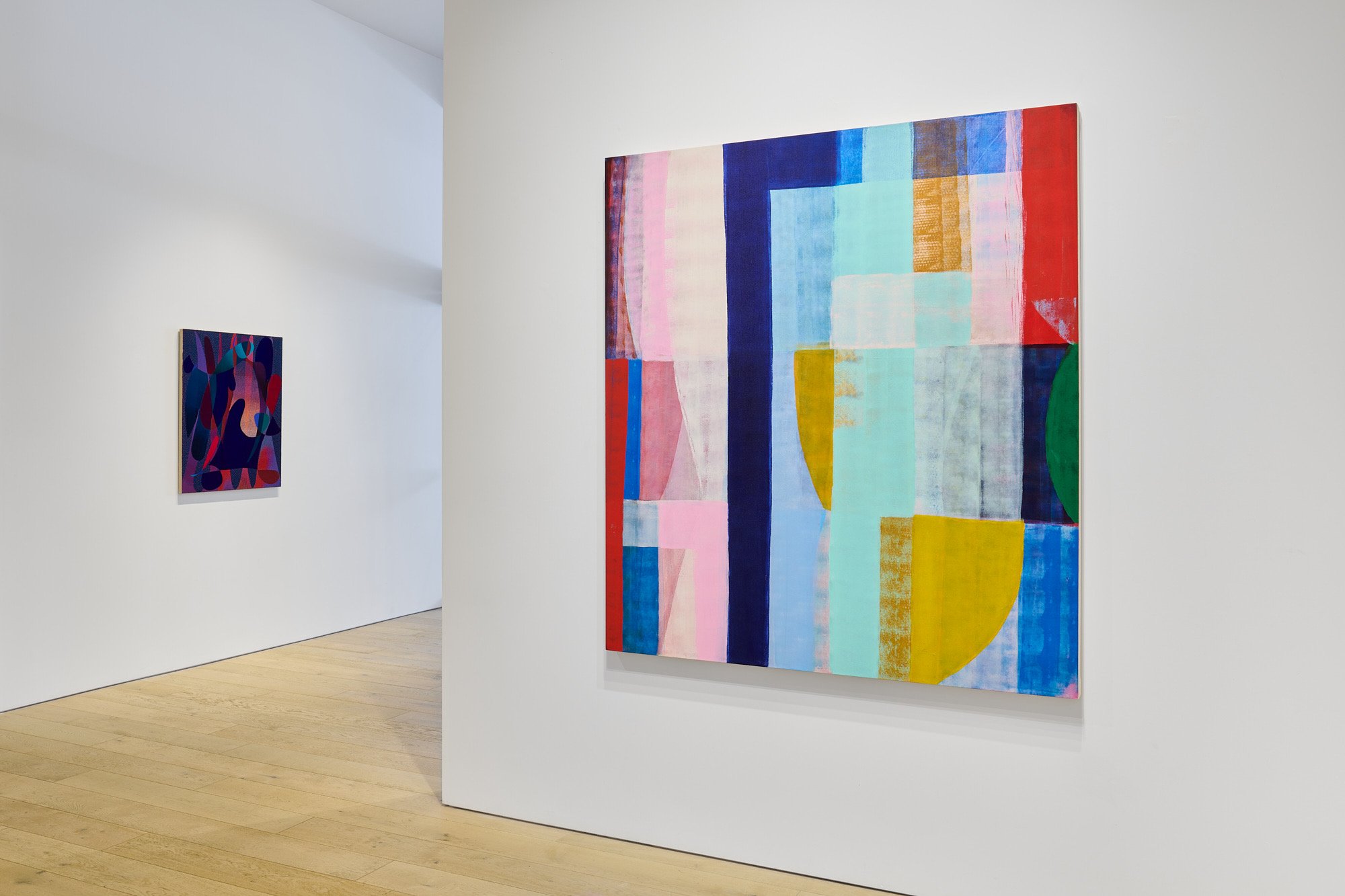 Installation, SUMMER GROUP SHOW, 2022, Berggruen, San Francisco, photo: Glen Cheriton  MUSIC  (right), 2022, 66” x 60”, acrylic on canvas  (pictured here with work by JJ Miyaoka-Pakola)