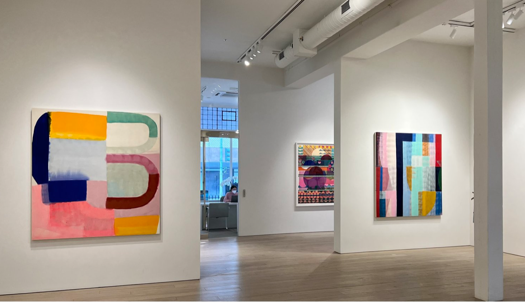 Installation, SUMMER GROUP SHOW, 2022, Berggruen, San Francisco, photo: Glen Cheriton  IRIS (left), 2022, 66” x 60”, acrylic on canvas and MUSIC (right), 2022, 66” x 60”, acrylic on canvas