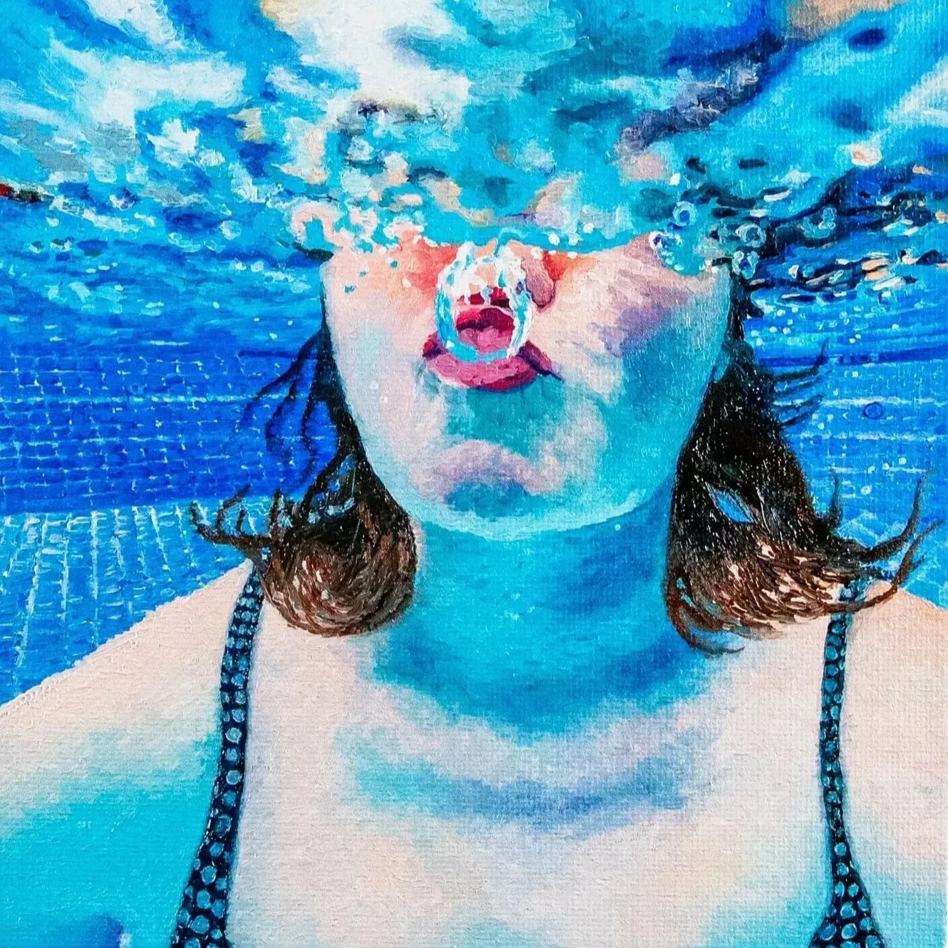 A painting of a woman submerged in a swimming pool, with water covering the upper part of her face and blowing bubbles from her nose.