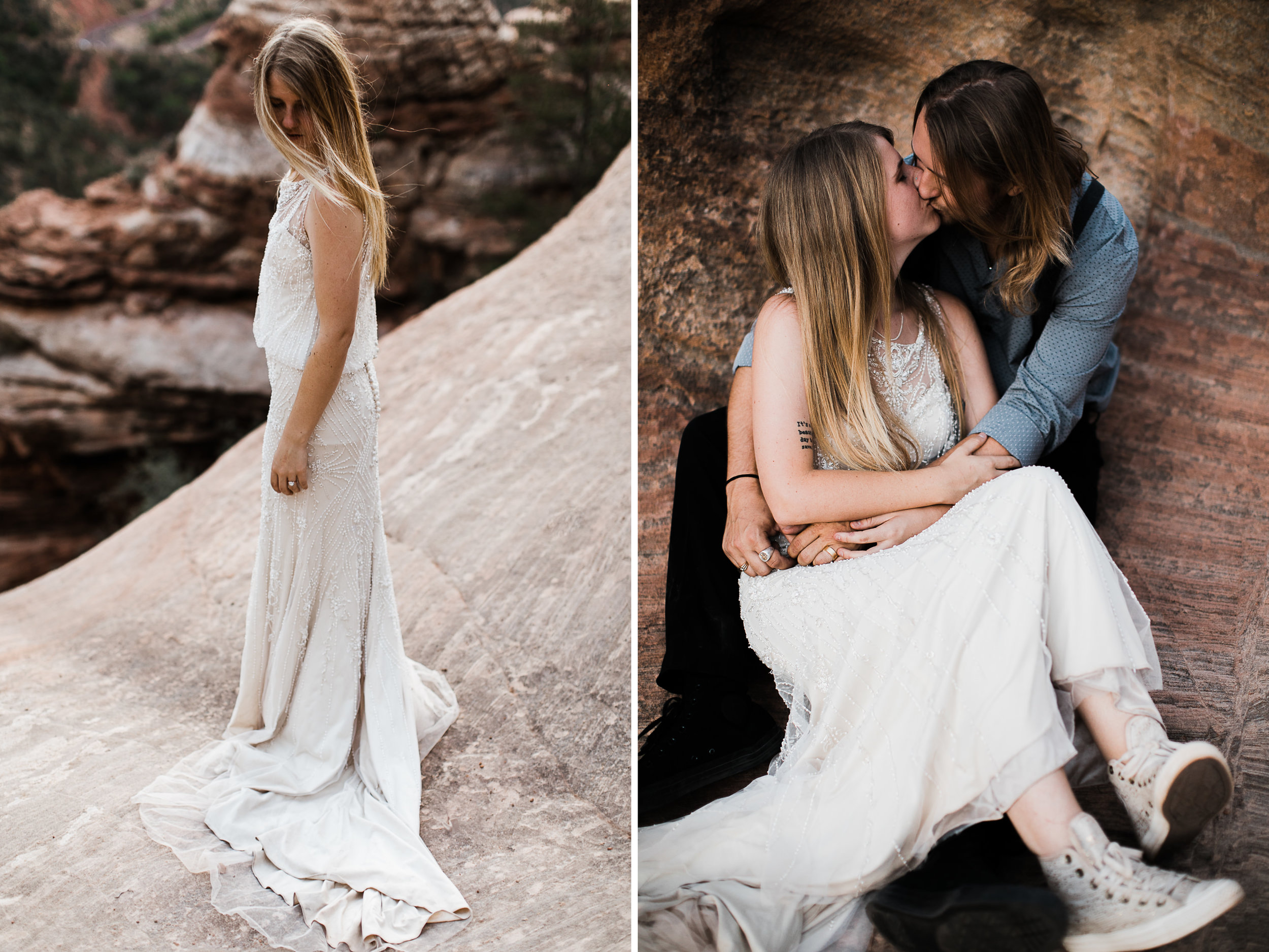 las vegas elopement at the neon museum | bhldn bride | sunset wedding portraits at zion national park | utah adventure wedding photographer | the hearnes adventure photography | www.thehearnes.com