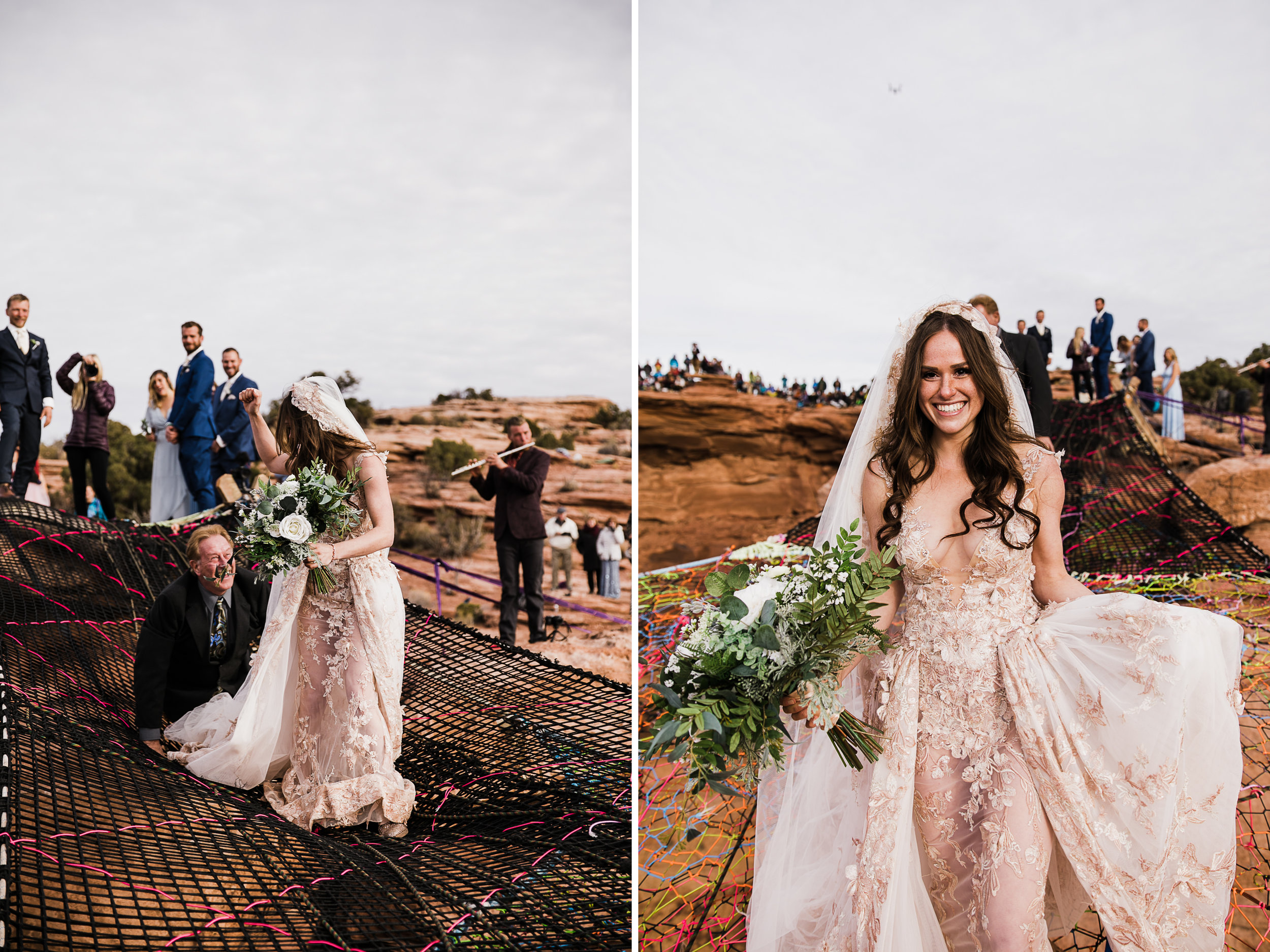 spacenet wedding 400 feet above a canyon in moab, utah | adventurous desert elopement | galia lahav bride | the hearnes adventure wedding photography | www.thehearnes.com