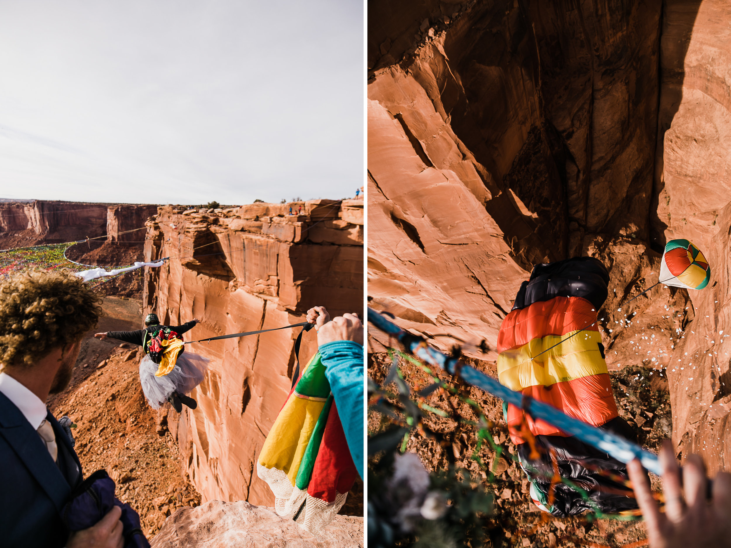 spacenet wedding 400 feet above a canyon in moab, utah | adventurous desert elopement | galia lahav bride | the hearnes adventure wedding photography | www.thehearnes.com