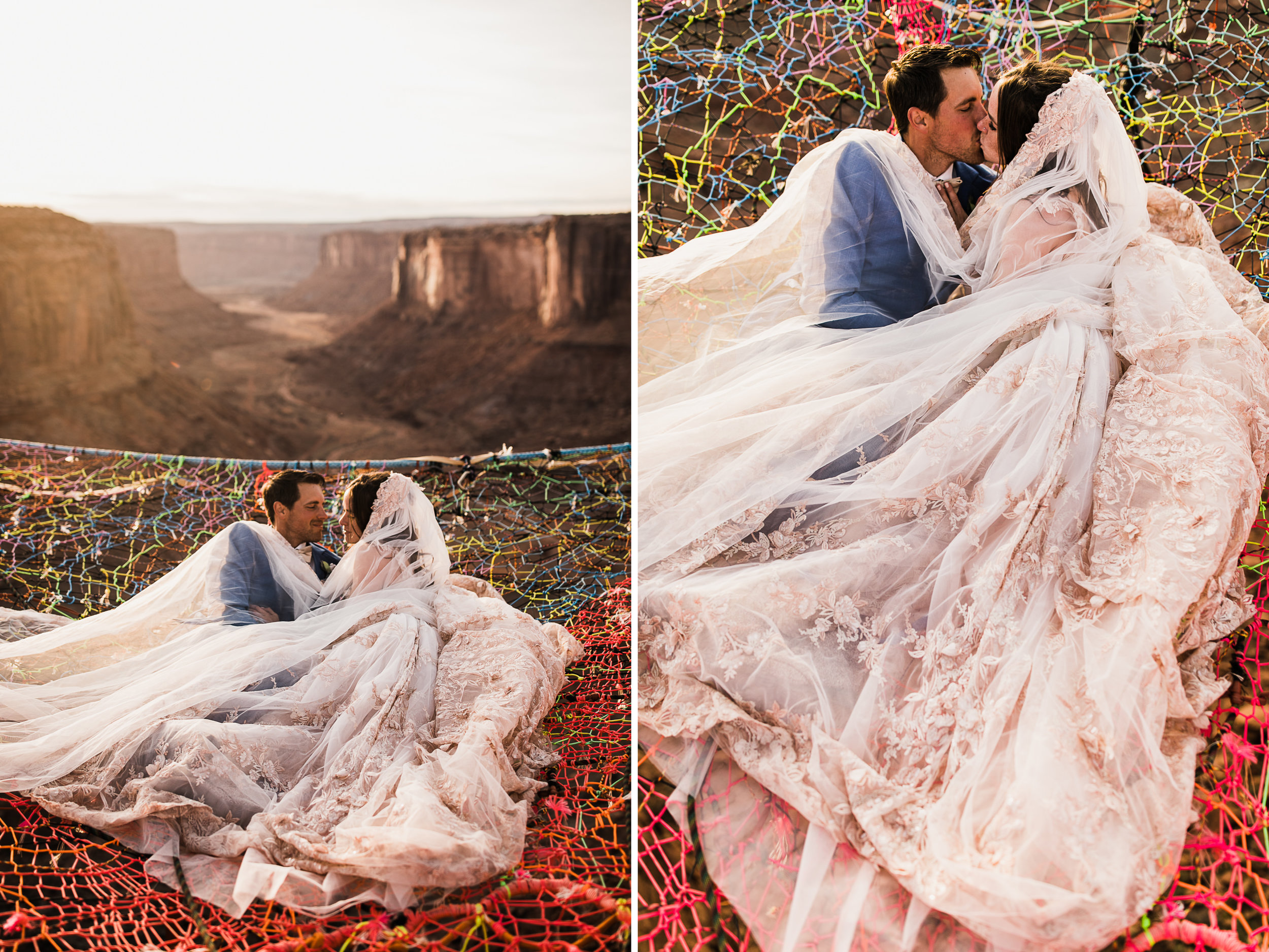 spacenet wedding 400 feet above a canyon in moab, utah | adventurous desert elopement | galia lahav bride | the hearnes adventure wedding photography | www.thehearnes.com