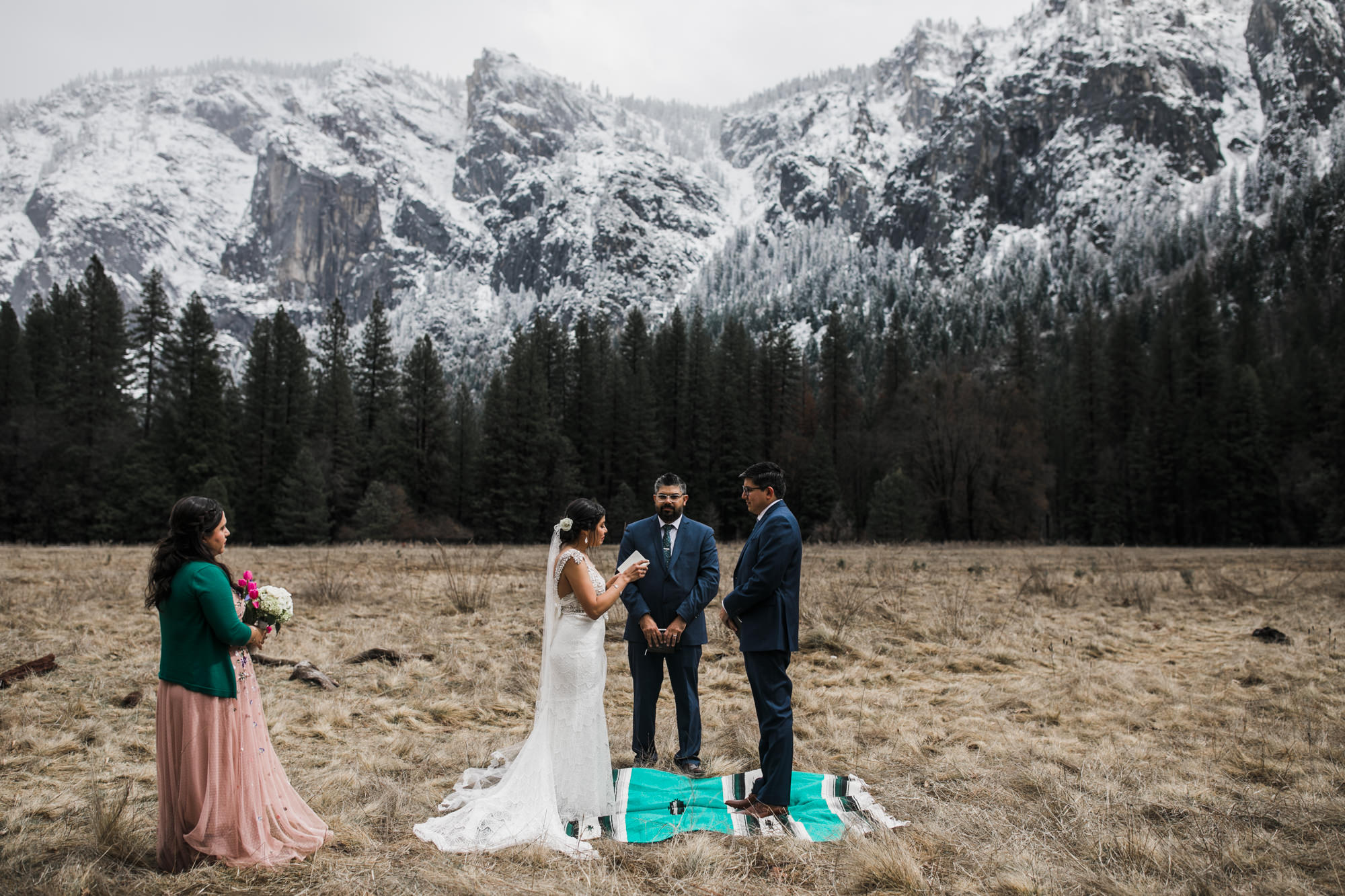 elopement in yosemite national park surrounded by snowy mountains, intimate wedding day inspiration