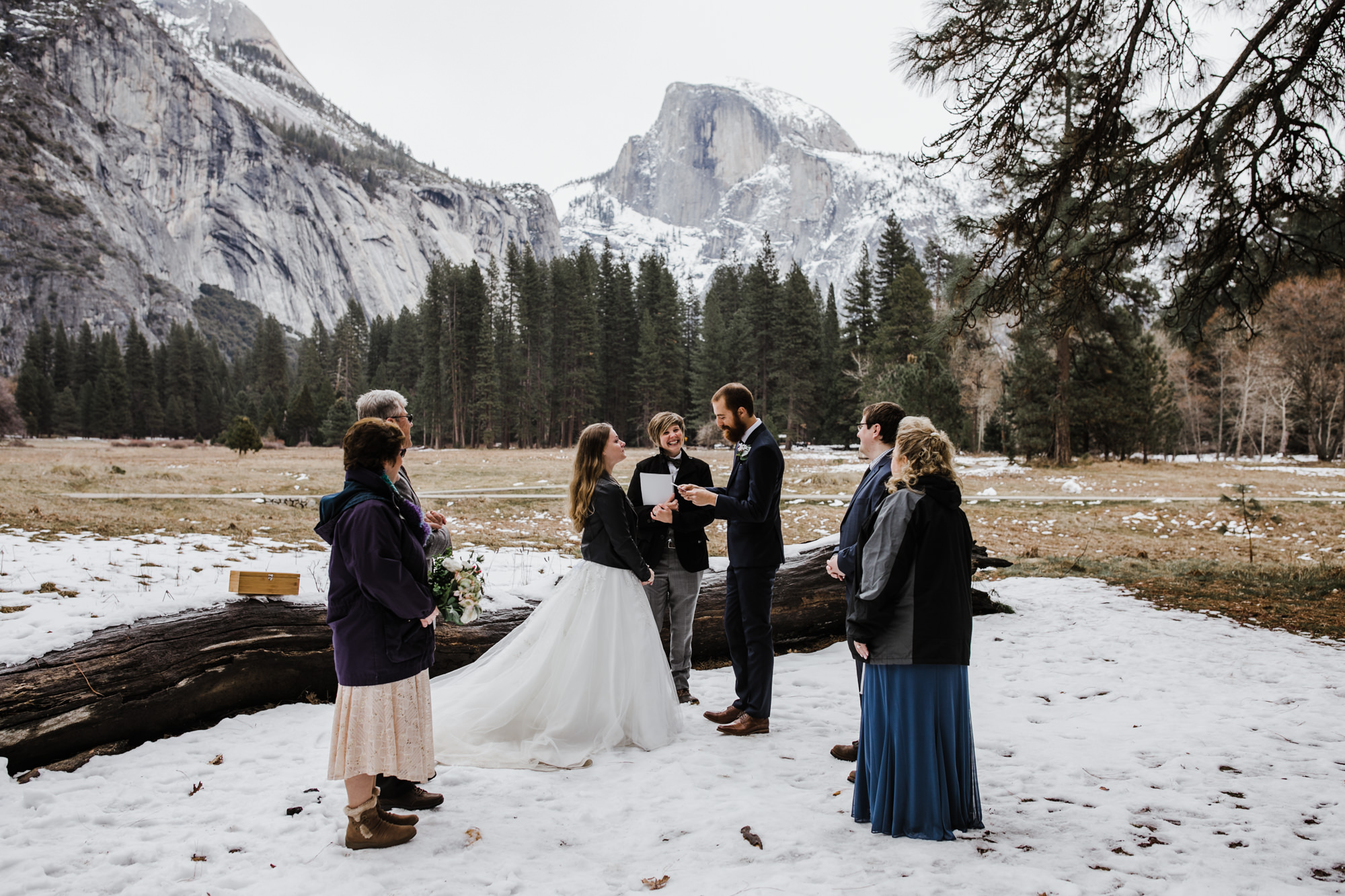 snowy elopement wedding ceremony in yosemite national park | The Hearnes Adventure Photography