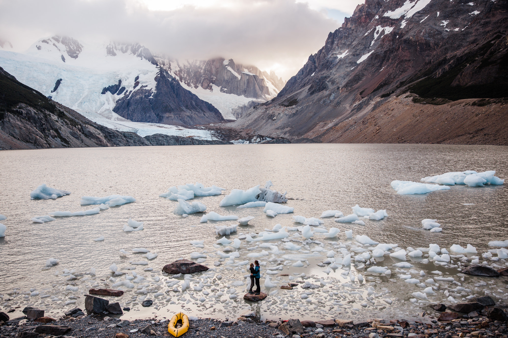 backpacking near cerro torre in Patagonia | campo de augostini + lago torre iceberg lagoon | adventure elopement inspiration | the hearnes adventure photography