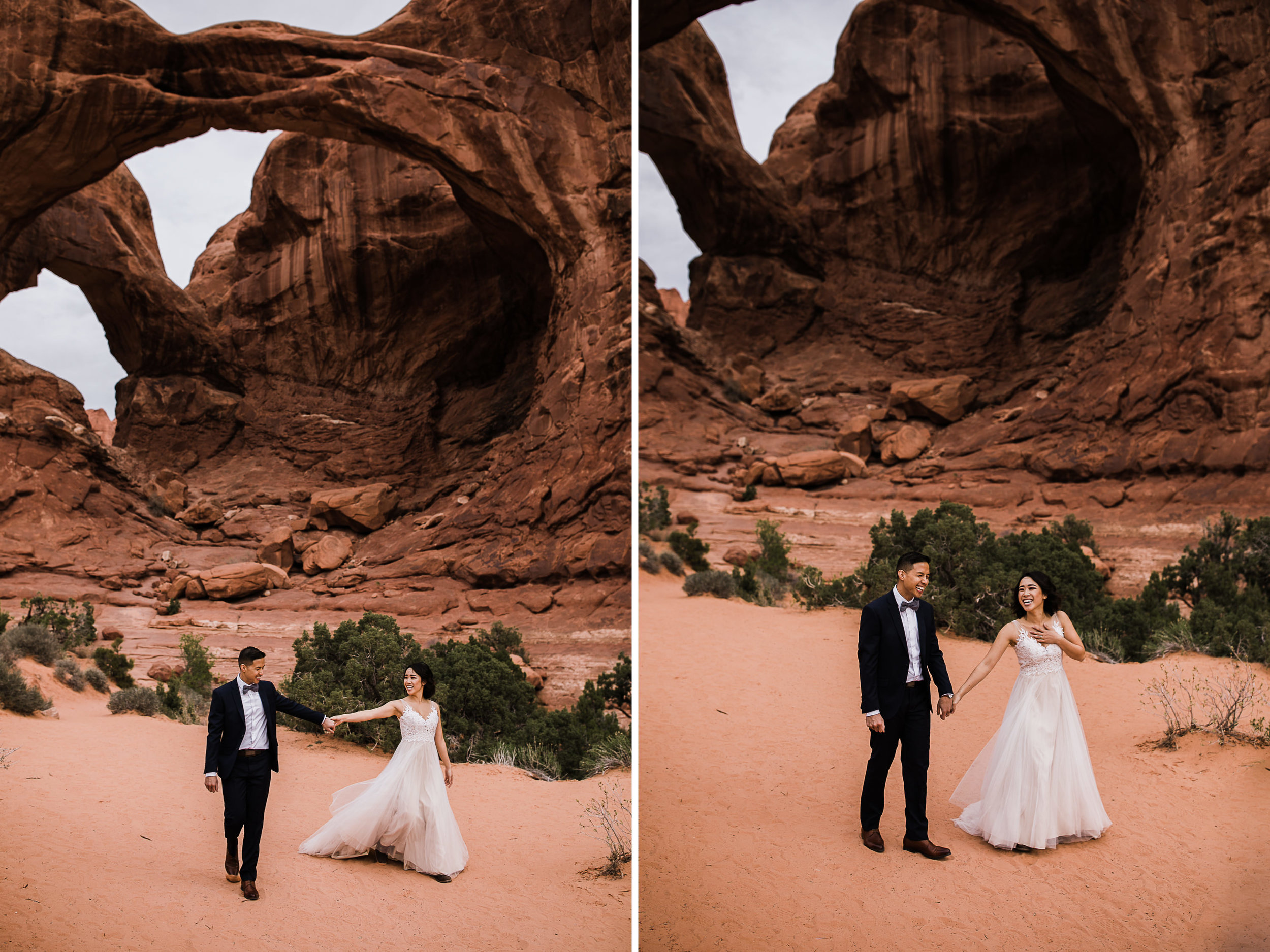 elopement first look in arches national park | desert elopement | moab wedding photographer | the hearnes adventure photography | www.thehearnes.com