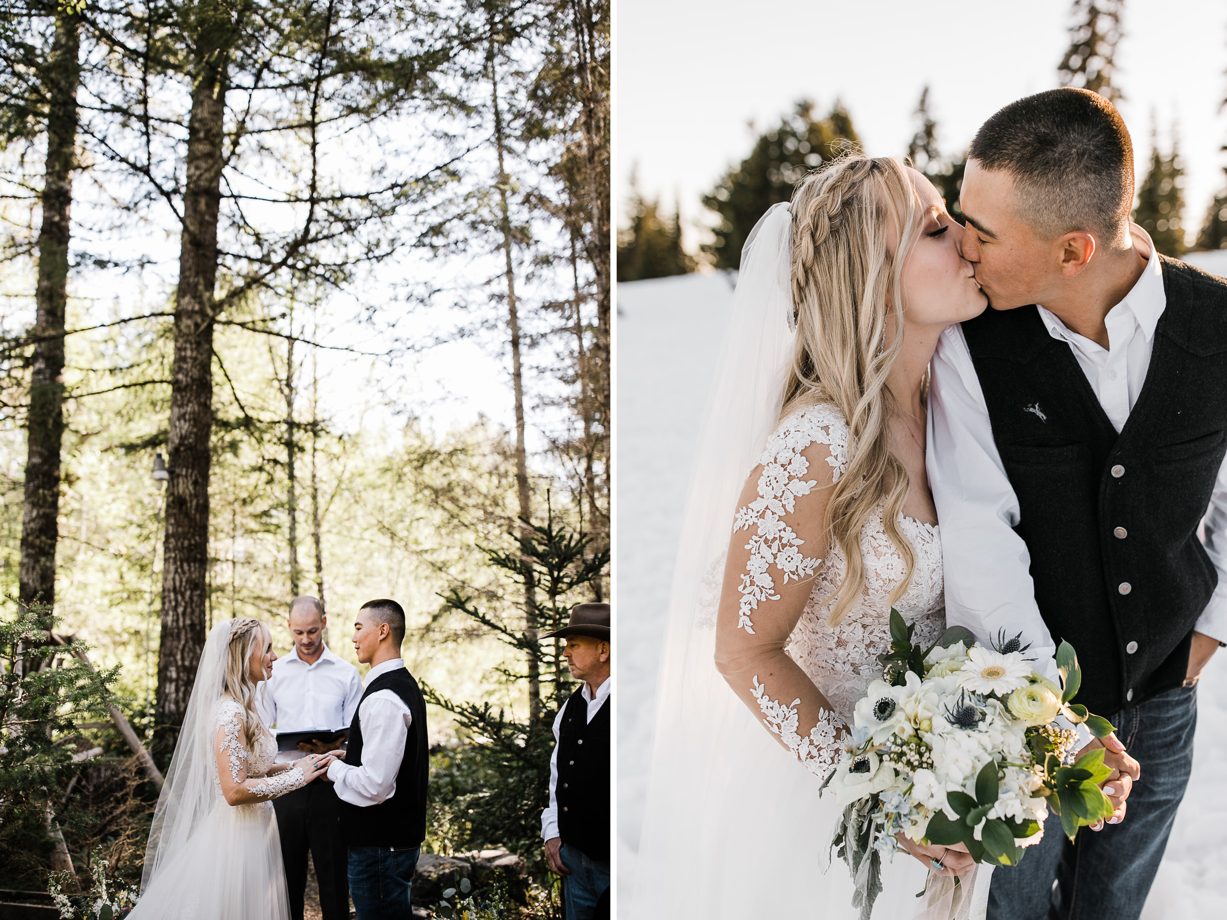 intimate ceremony at an airbnb cabin in washington | wedding portraits in the snow in mount rainier national park | first dance in the mountains | national park elopement photographer