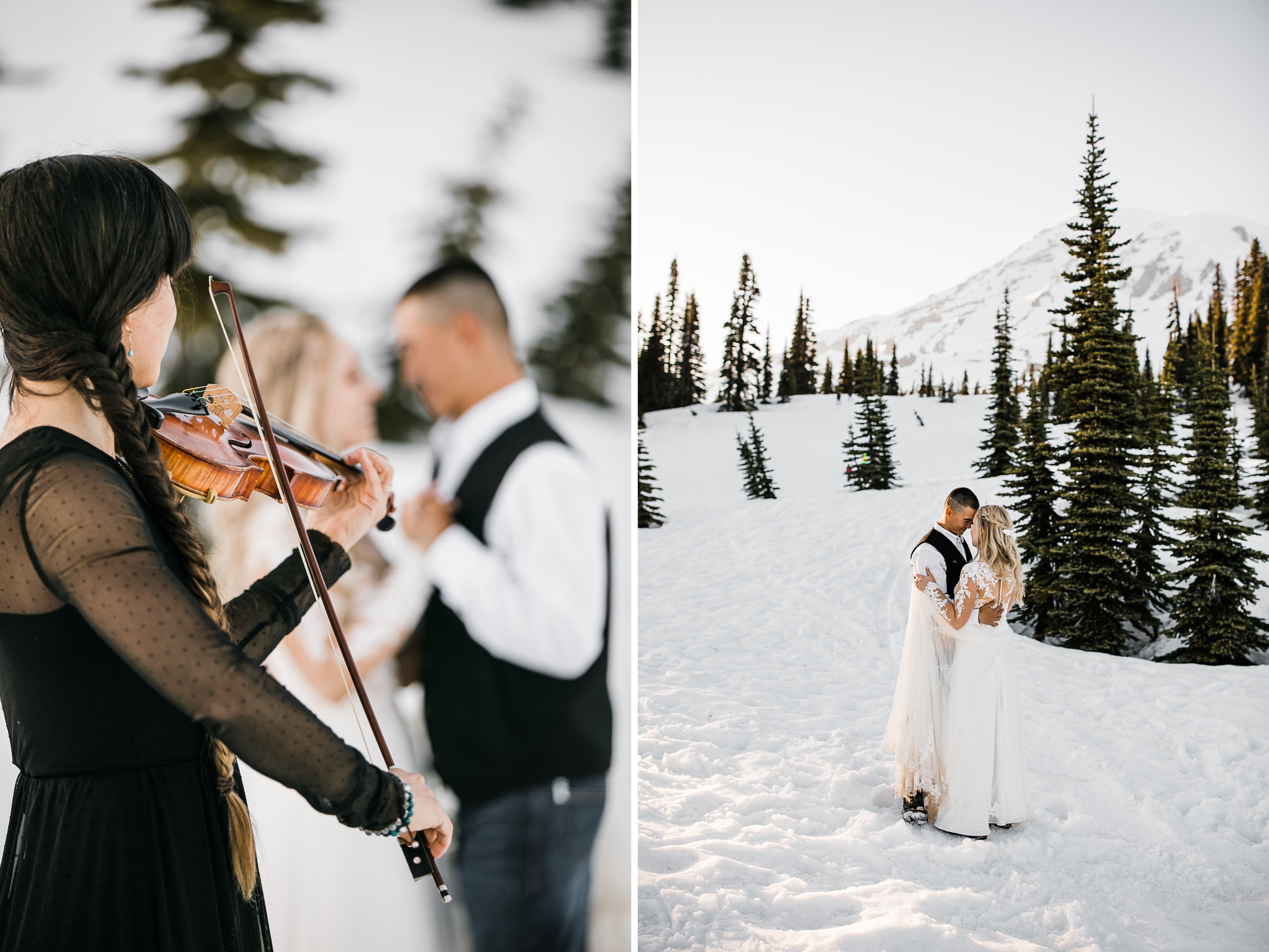 snowy wedding | long sleeve wedding dress | pendleton silver bark wedding blanket | wedding portraits in the snow in mount rainier | first dance in the mountains | national park elopement photographer