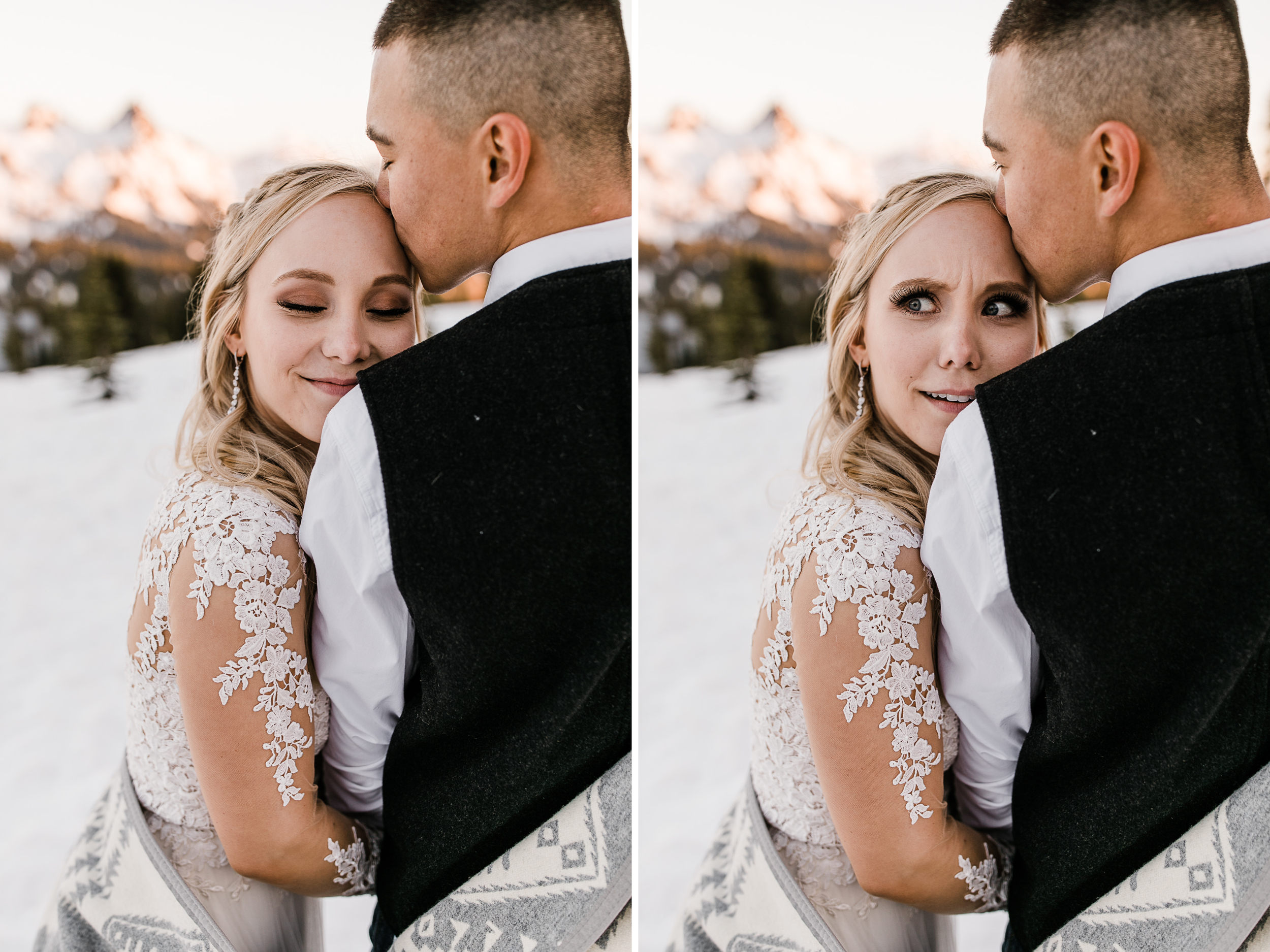 snowy wedding | long sleeve wedding dress | pendleton silver bark wedding blanket | wedding portraits in the snow in mount rainier | first dance in the mountains | national park elopement photographer