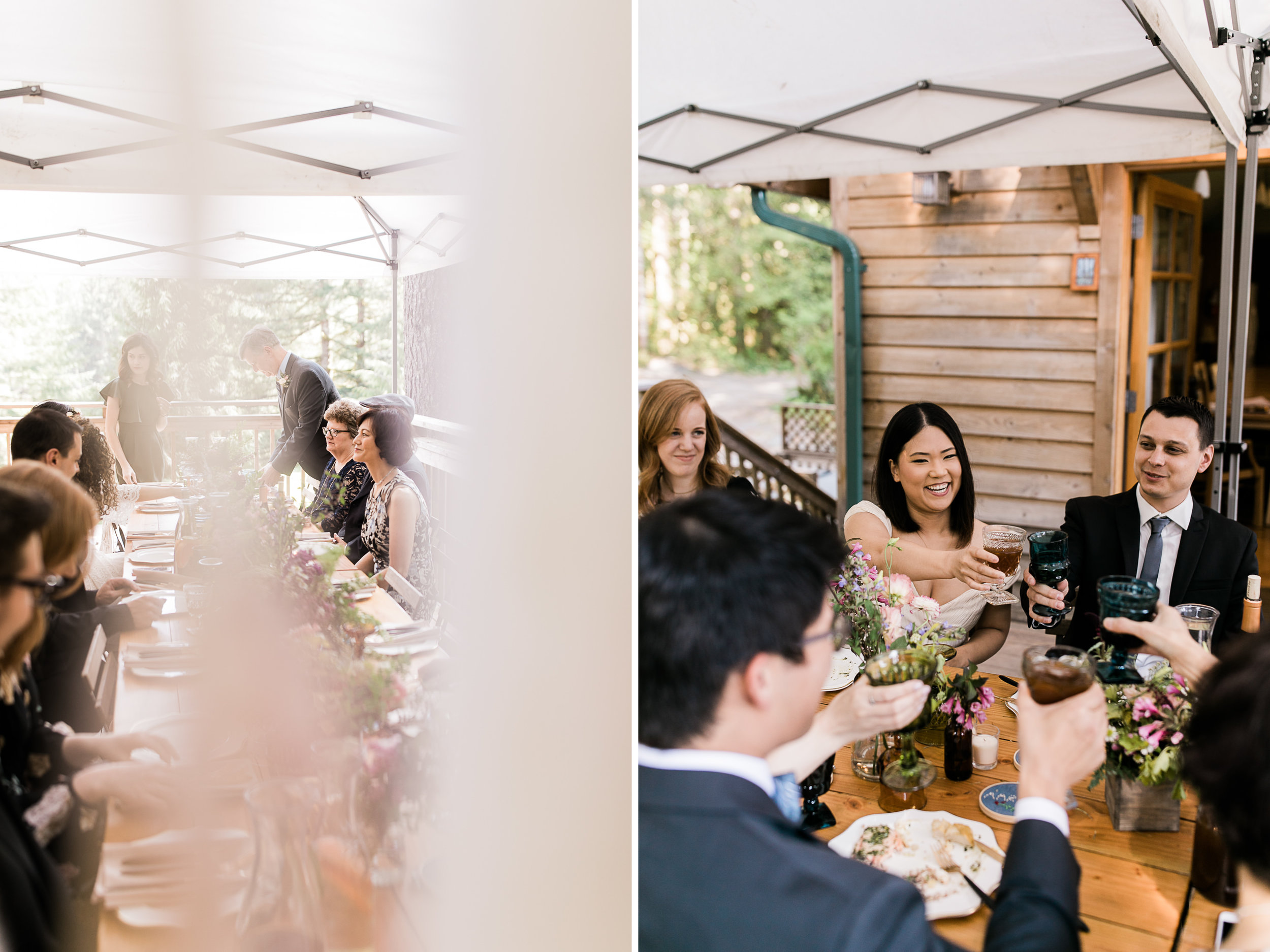 intimate wedding and reception in mount rainier national park | a frame cabin elopement first look | woodsy small reception in washington | snowy wedding portraits | elopement in the mountains