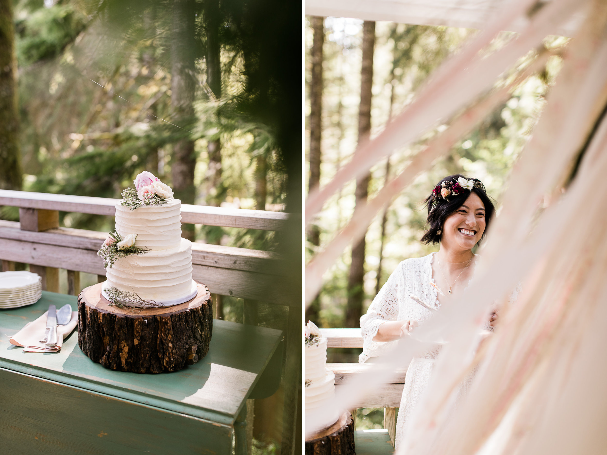 intimate wedding and reception in mount rainier national park | a frame cabin elopement first look | woodsy small reception in washington | snowy wedding portraits | elopement in the mountains