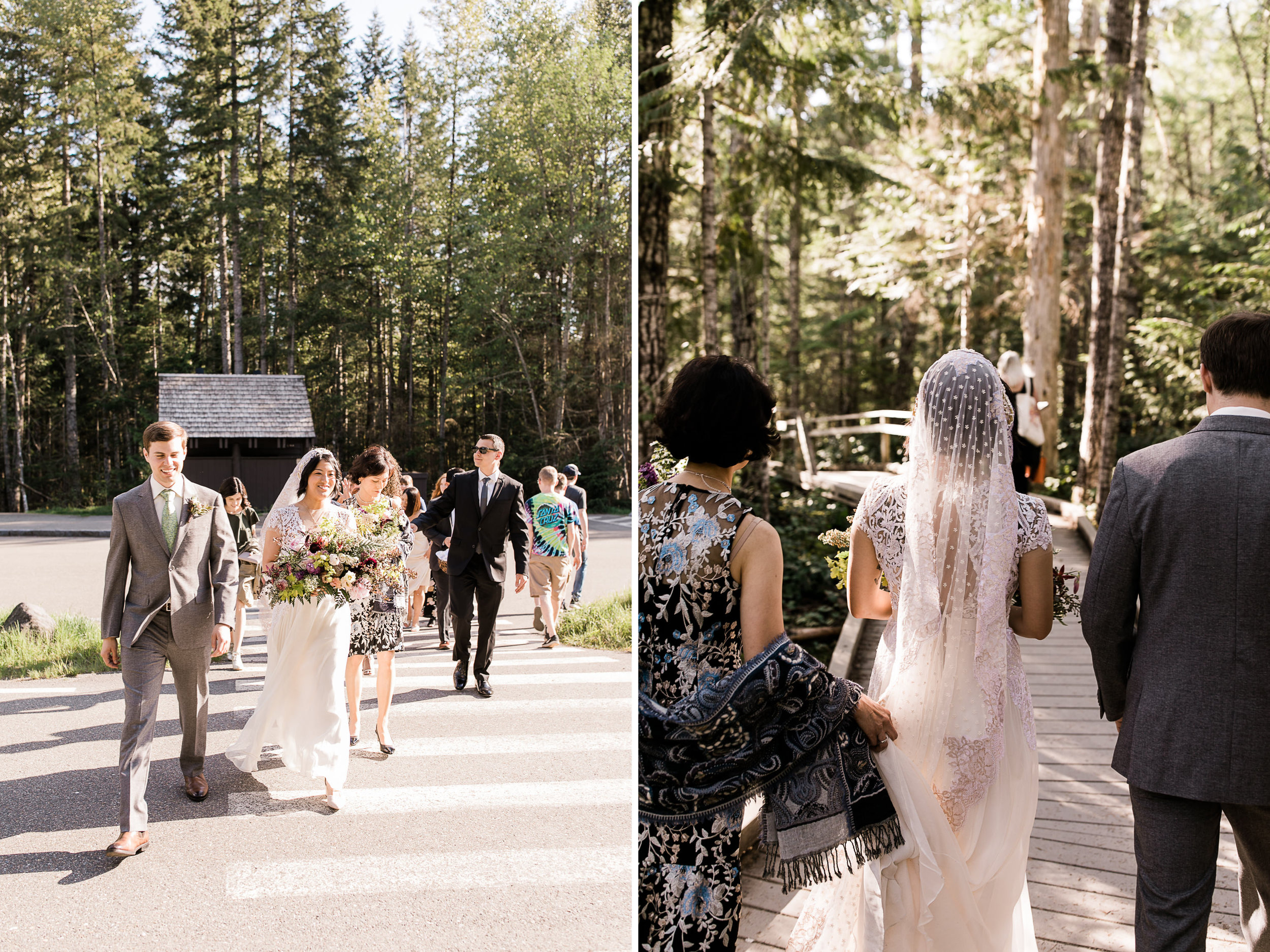 intimate wedding and reception in mount rainier national park | a frame cabin elopement first look | woodsy small reception in washington | snowy wedding portraits | elopement in the mountains