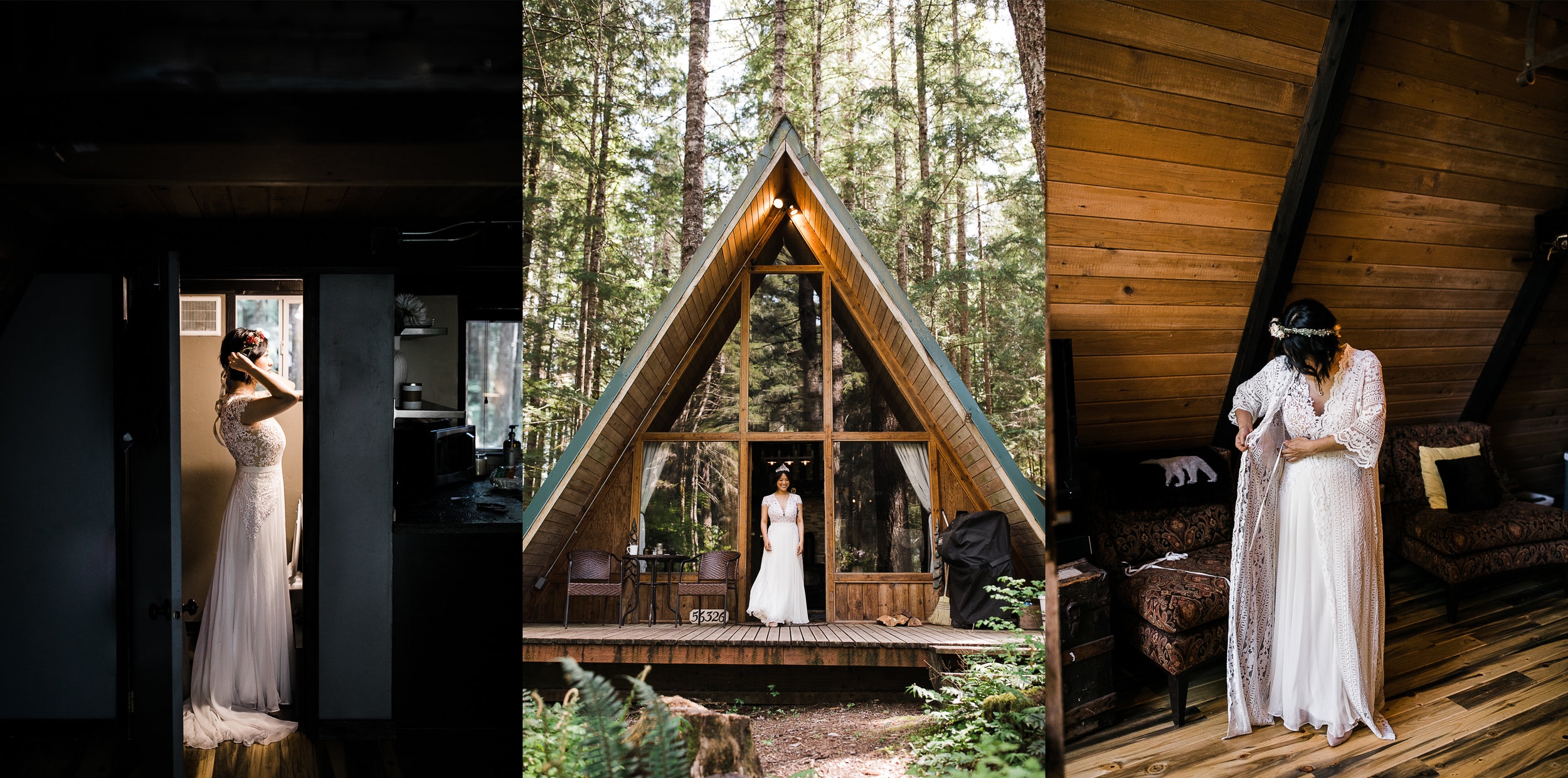 intimate wedding and reception in mount rainier national park | a frame cabin elopement first look | woodsy small reception in washington | snowy wedding portraits | elopement in the mountains