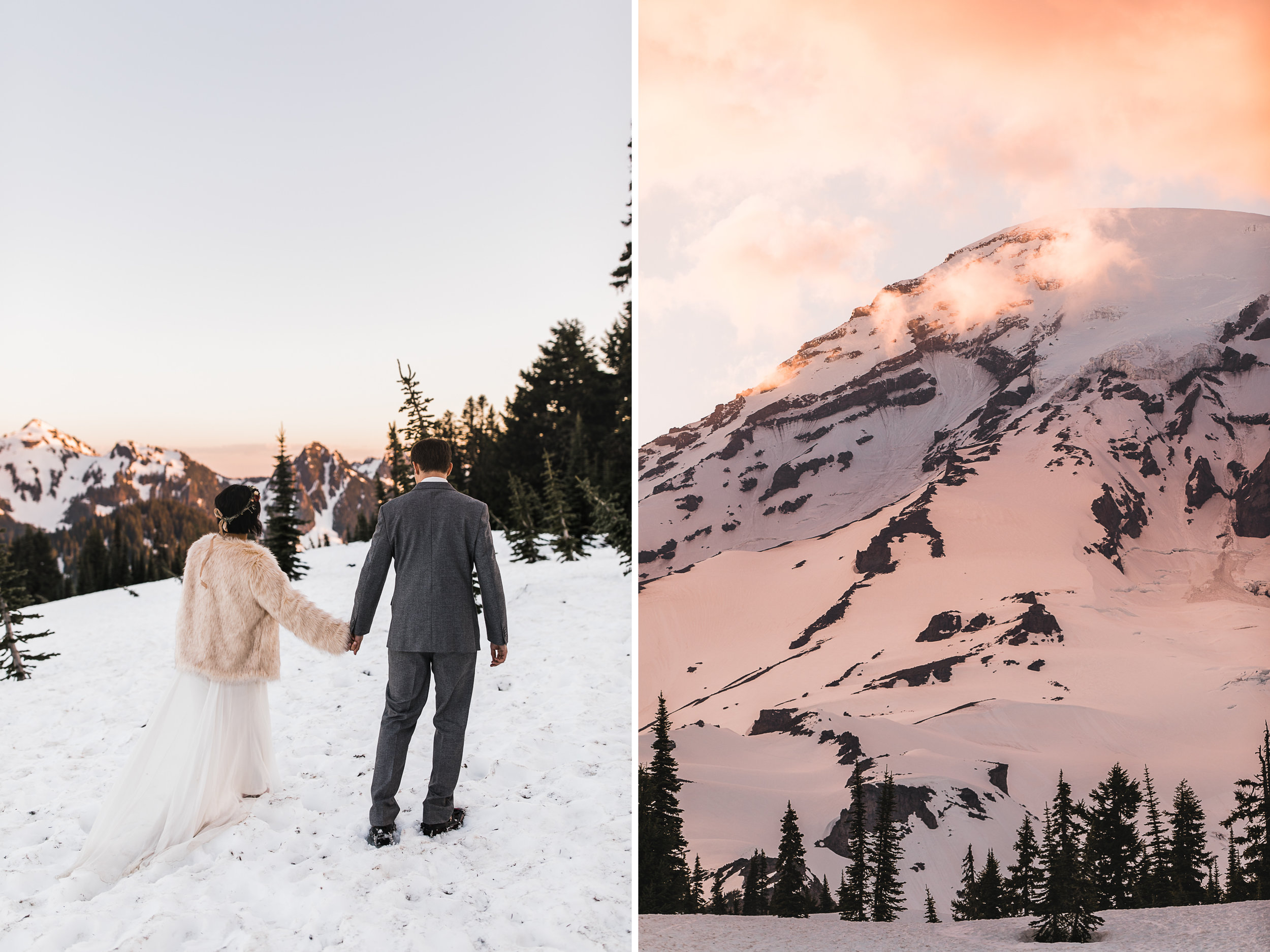 intimate wedding and reception in mount rainier national park | a frame cabin elopement first look | woodsy small reception in washington | snowy wedding portraits | elopement in the mountains