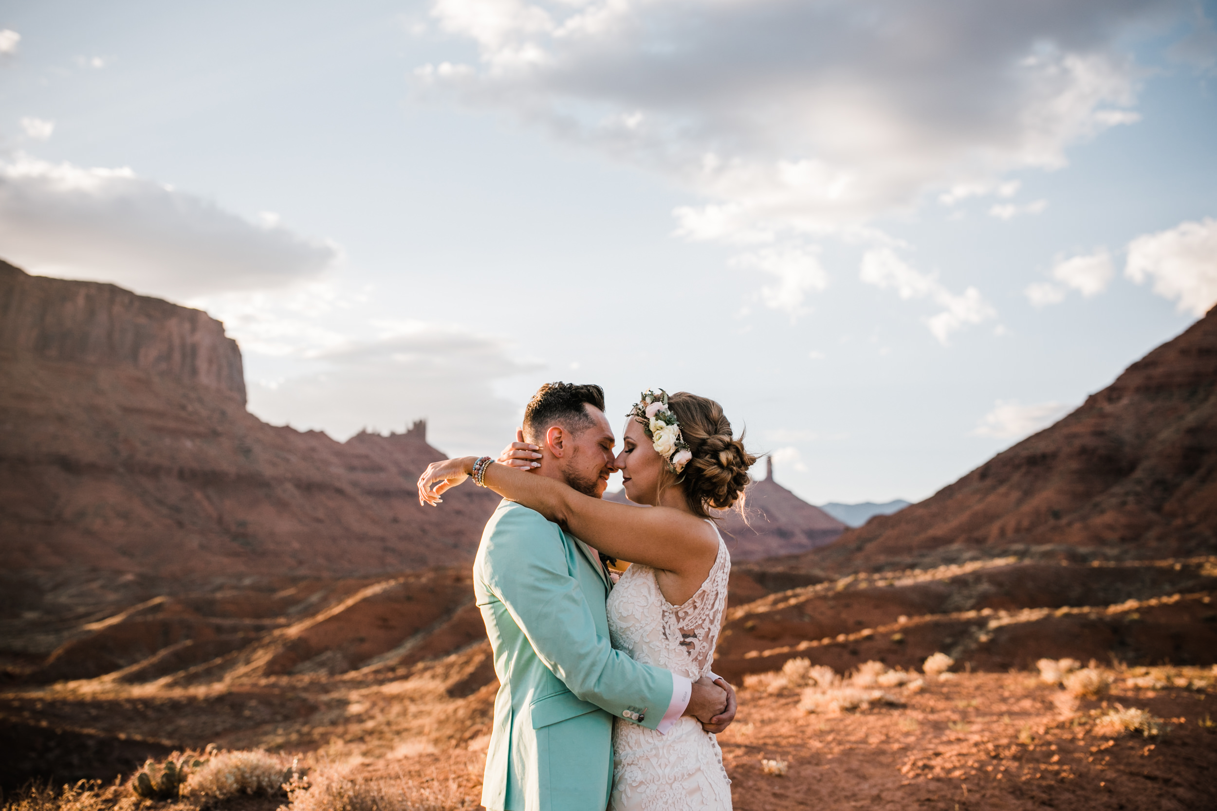 sunrise adventure wedding session | moab, utah elopement photographer | desert wedding inspiration | blue tux | mint colored suit | unique groom | the hearnes adventure photography