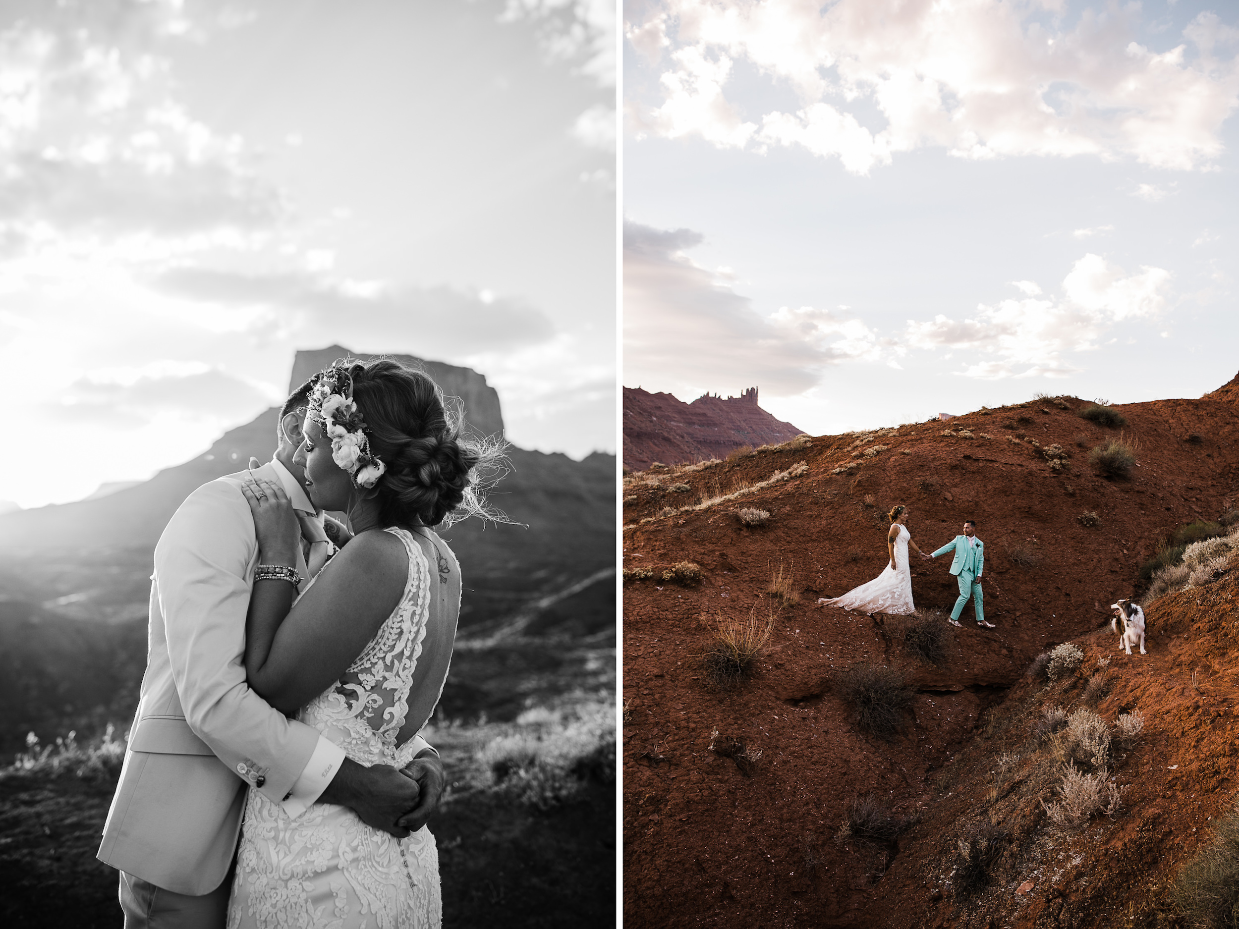 sunrise adventure wedding session | moab, utah elopement photographer | desert wedding inspiration | blue tux | mint colored suit | unique groom | the hearnes adventure photography