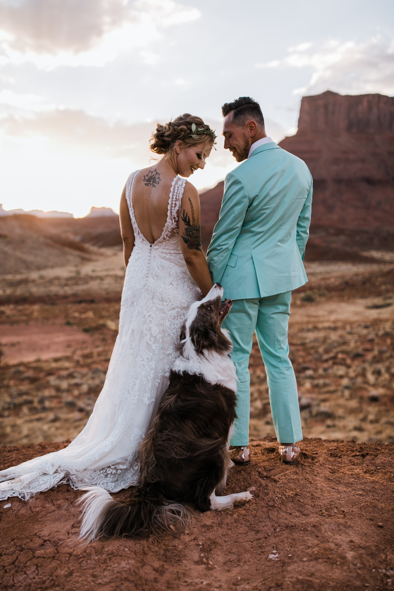 sunrise adventure wedding session | moab, utah elopement photographer | desert wedding inspiration | blue tux | mint colored suit | unique groom | the hearnes adventure photography