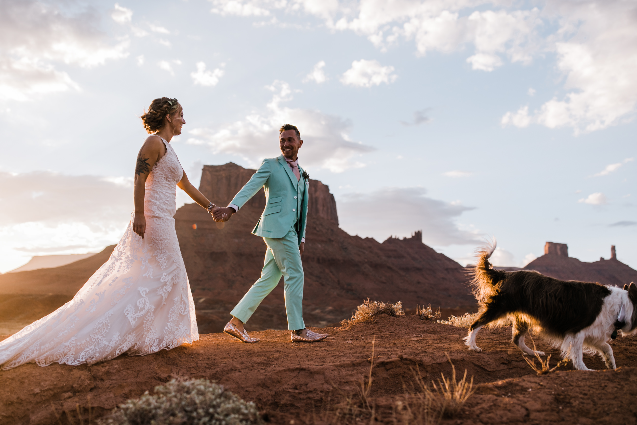 sunrise adventure wedding session | moab, utah elopement photographer | desert wedding inspiration | blue tux | mint colored suit | unique groom | the hearnes adventure photography