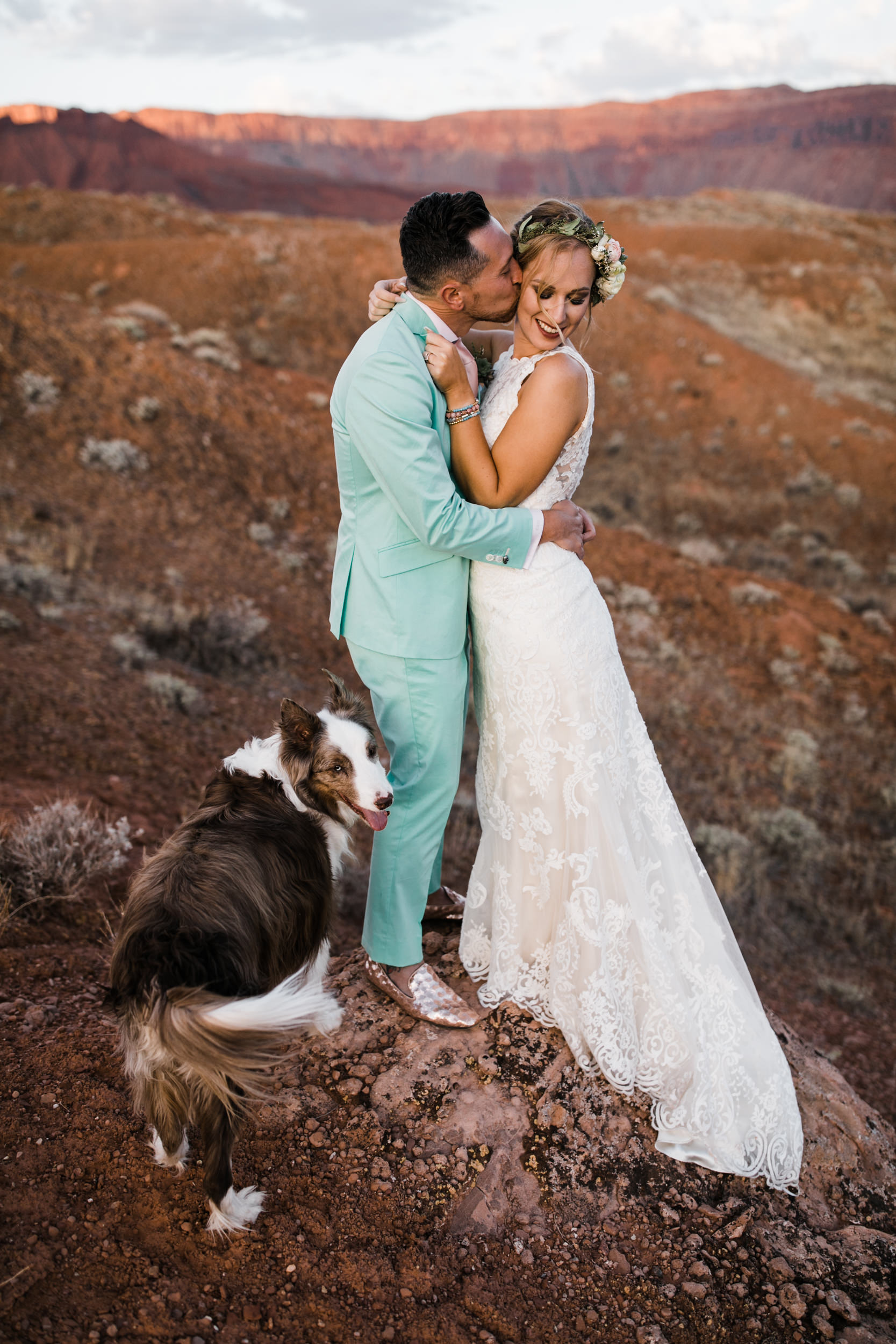 sunrise adventure wedding session | moab, utah elopement photographer | desert wedding inspiration | blue tux | mint colored suit | unique groom | the hearnes adventure photography