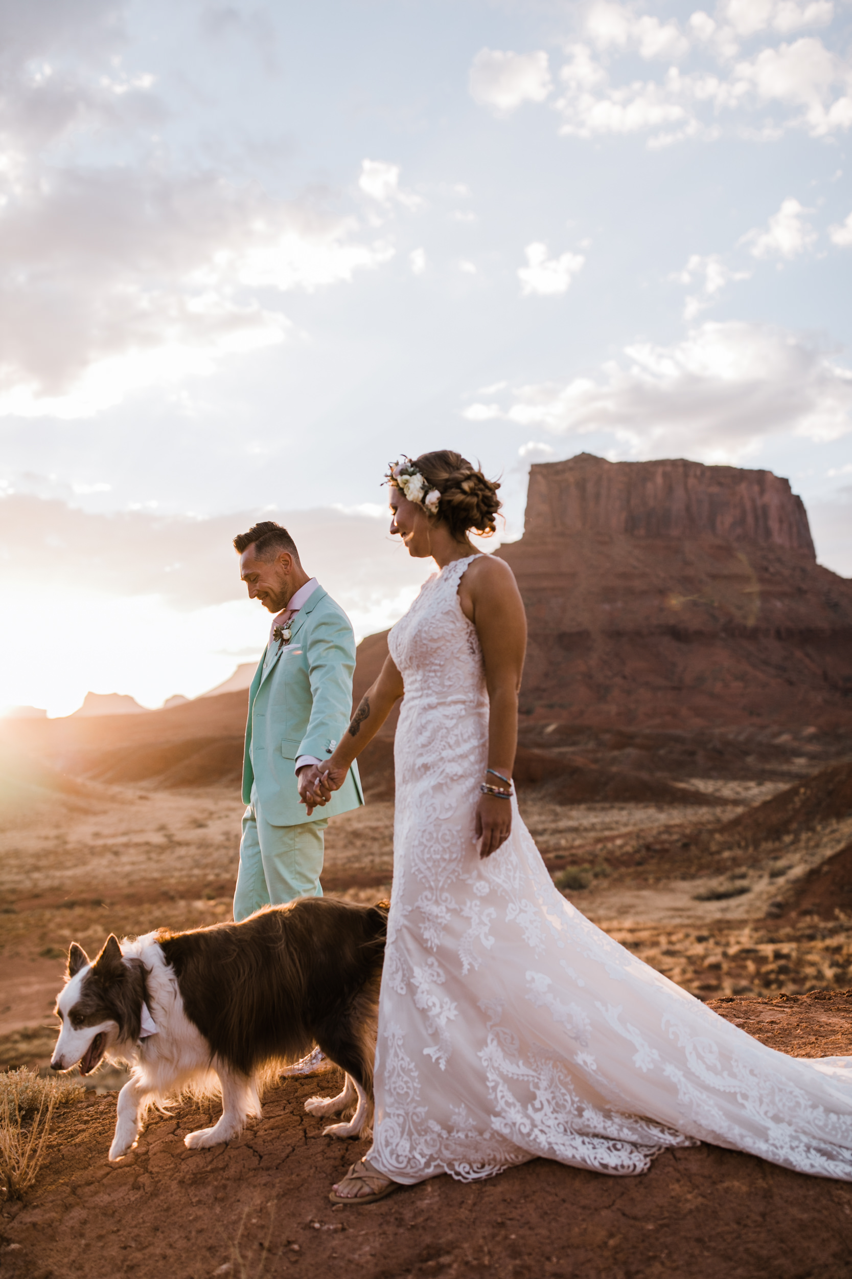 sunrise adventure wedding session | moab, utah elopement photographer | desert wedding inspiration | blue tux | mint colored suit | unique groom | the hearnes adventure photography