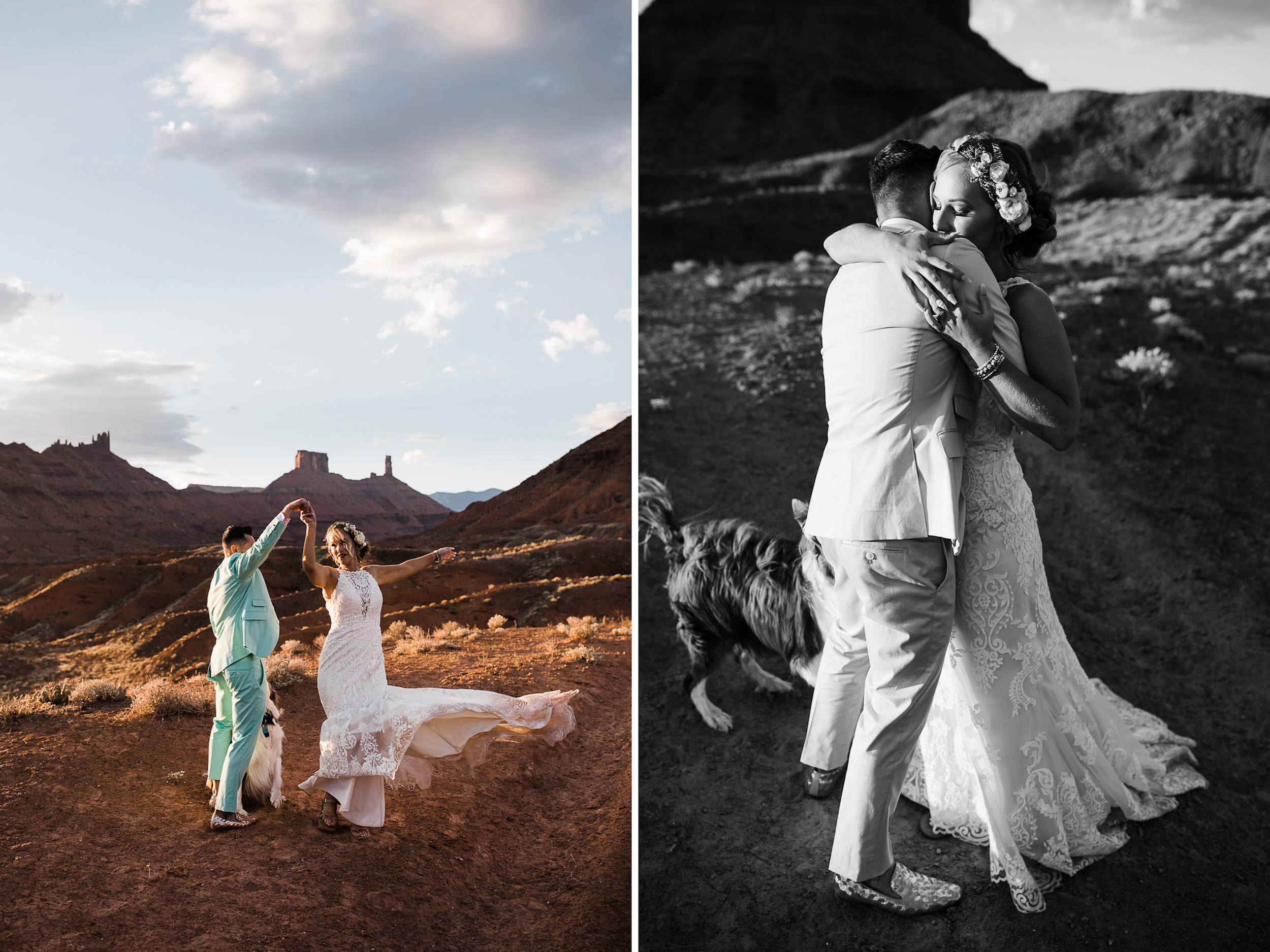 sunrise adventure wedding session | moab, utah elopement photographer | desert wedding inspiration | blue tux | mint colored suit | unique groom | the hearnes adventure photography