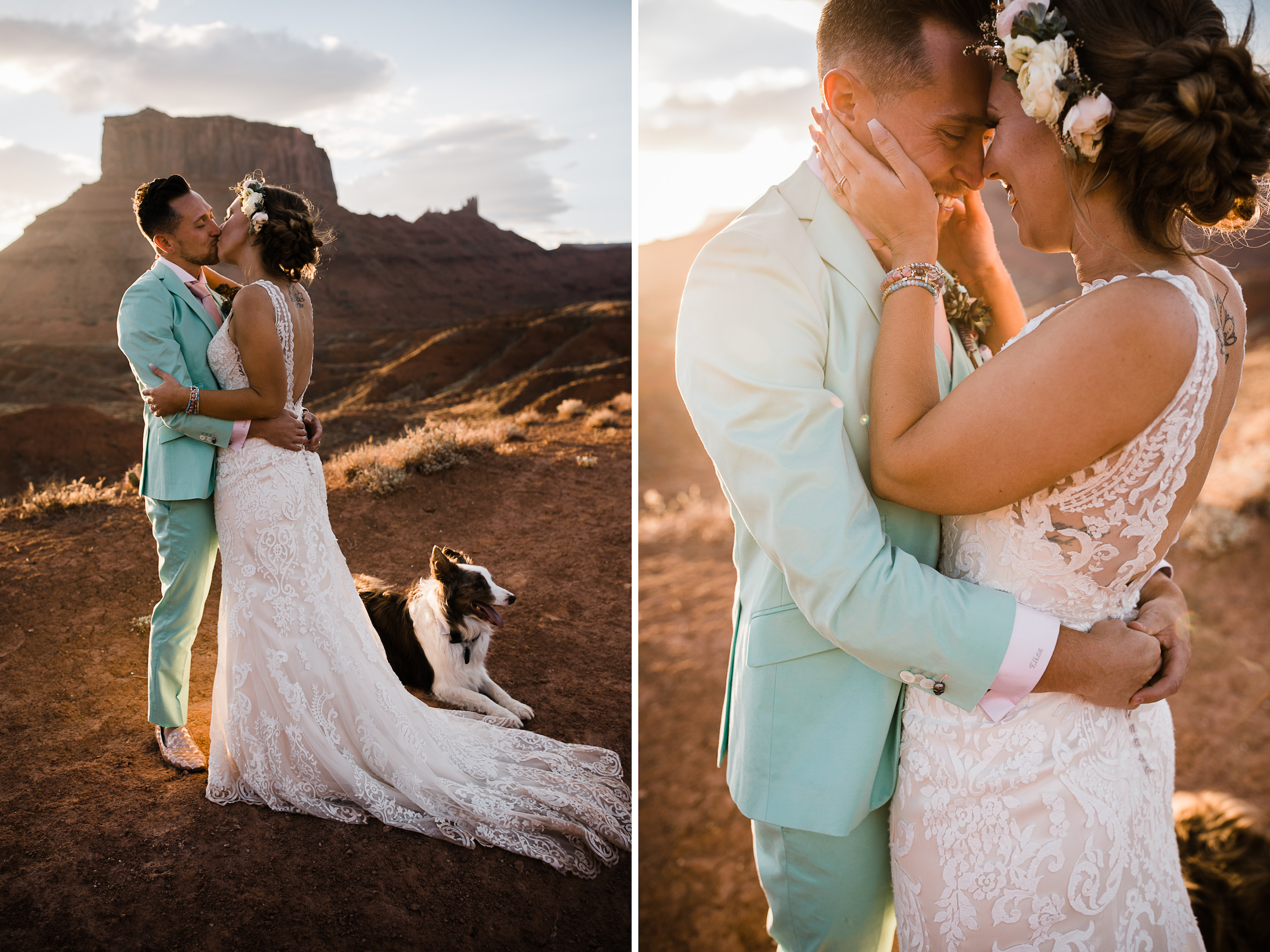 sunrise adventure wedding session | moab, utah elopement photographer | desert wedding inspiration | blue tux | mint colored suit | unique groom | the hearnes adventure photography