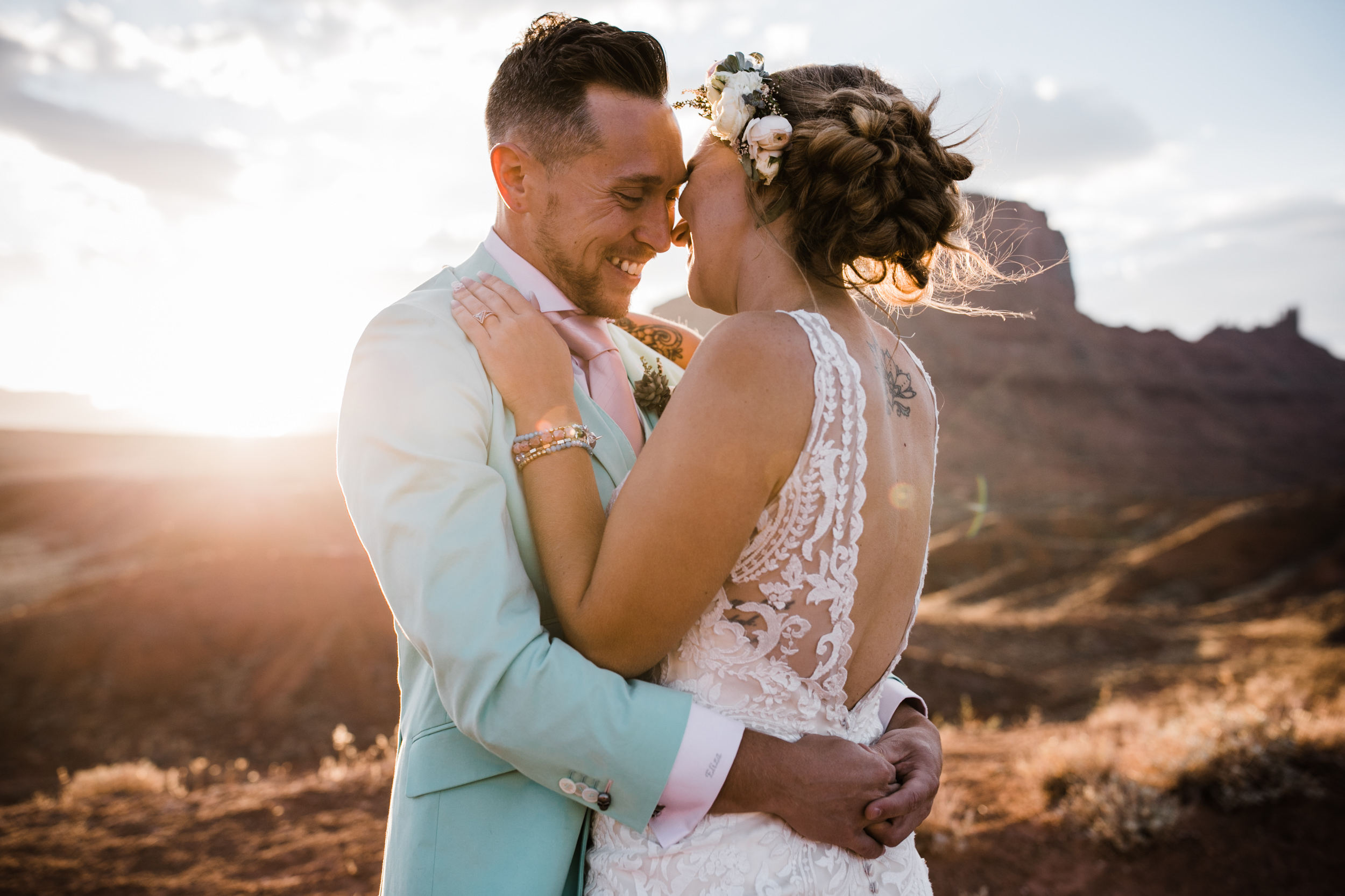 sunrise adventure wedding session | moab, utah elopement photographer | desert wedding inspiration | blue tux | mint colored suit | unique groom | the hearnes adventure photography