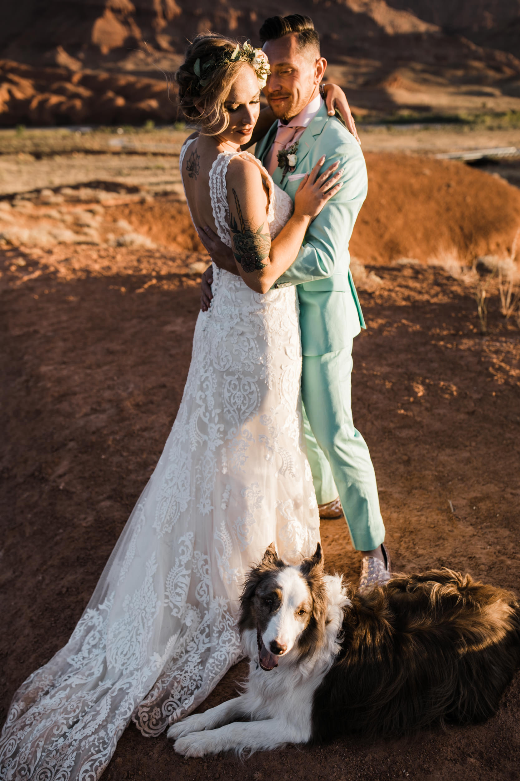 sunrise adventure wedding session | moab, utah elopement photographer | desert wedding inspiration | blue tux | mint colored suit | unique groom | the hearnes adventure photography