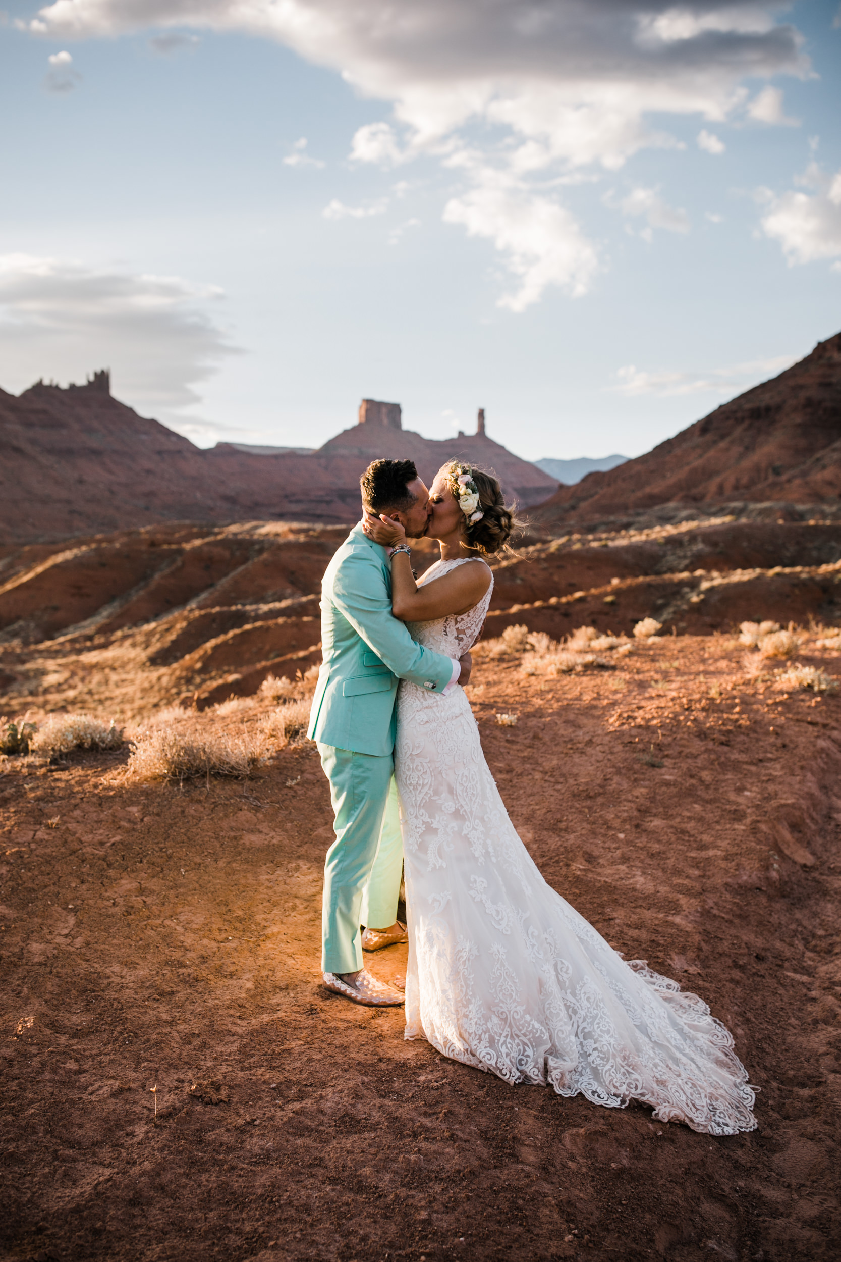 sunrise adventure wedding session | moab, utah elopement photographer | desert wedding inspiration | blue tux | mint colored suit | unique groom | the hearnes adventure photography