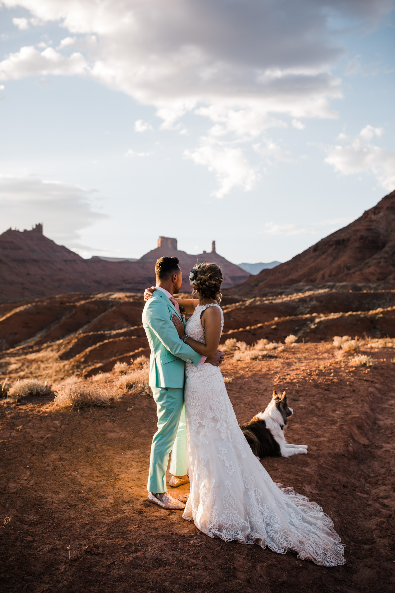 sunrise adventure wedding session | moab, utah elopement photographer | desert wedding inspiration | blue tux | mint colored suit | unique groom | the hearnes adventure photography