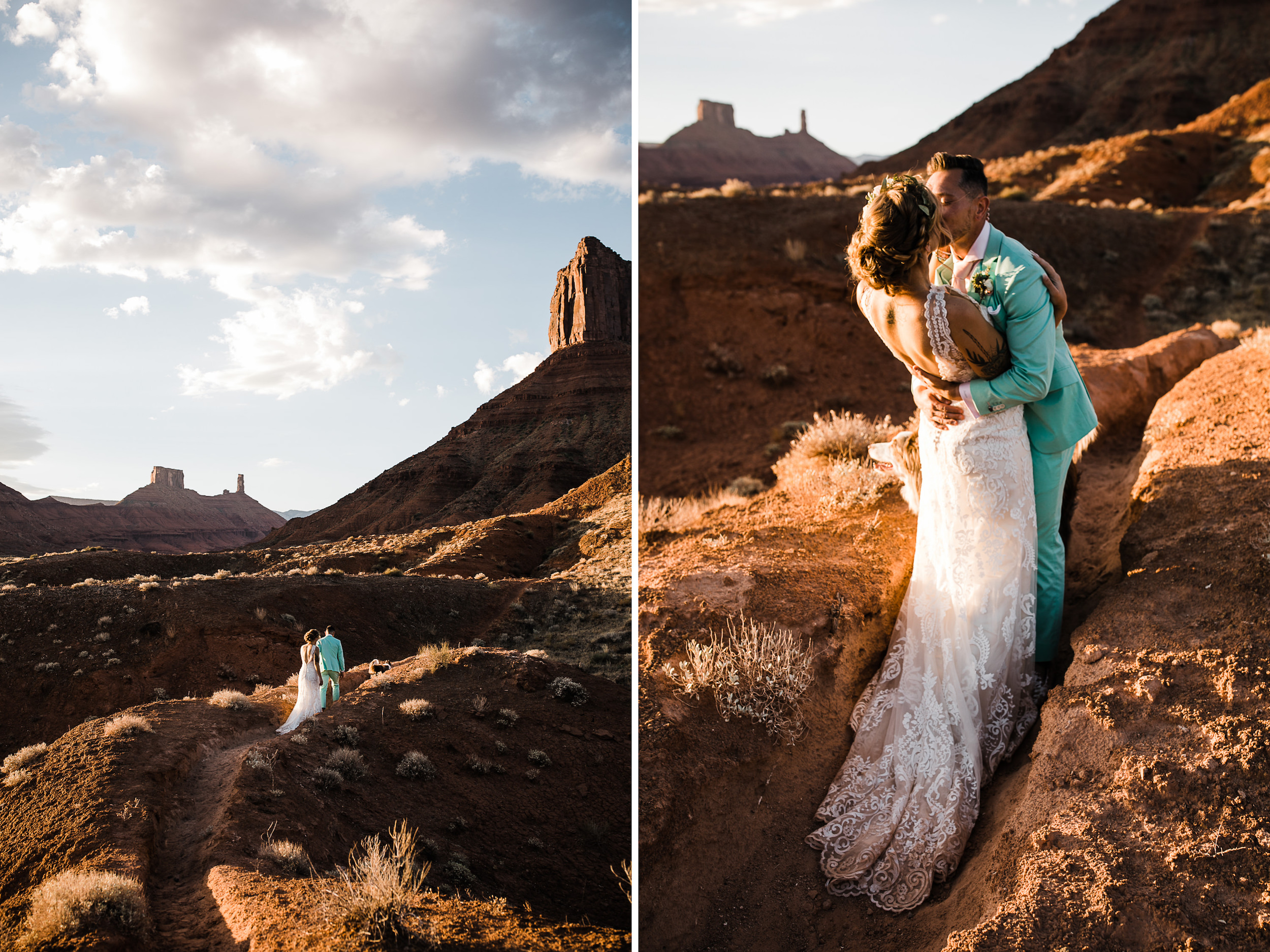 sunrise adventure wedding session | moab, utah elopement photographer | desert wedding inspiration | blue tux | mint colored suit | unique groom | the hearnes adventure photography