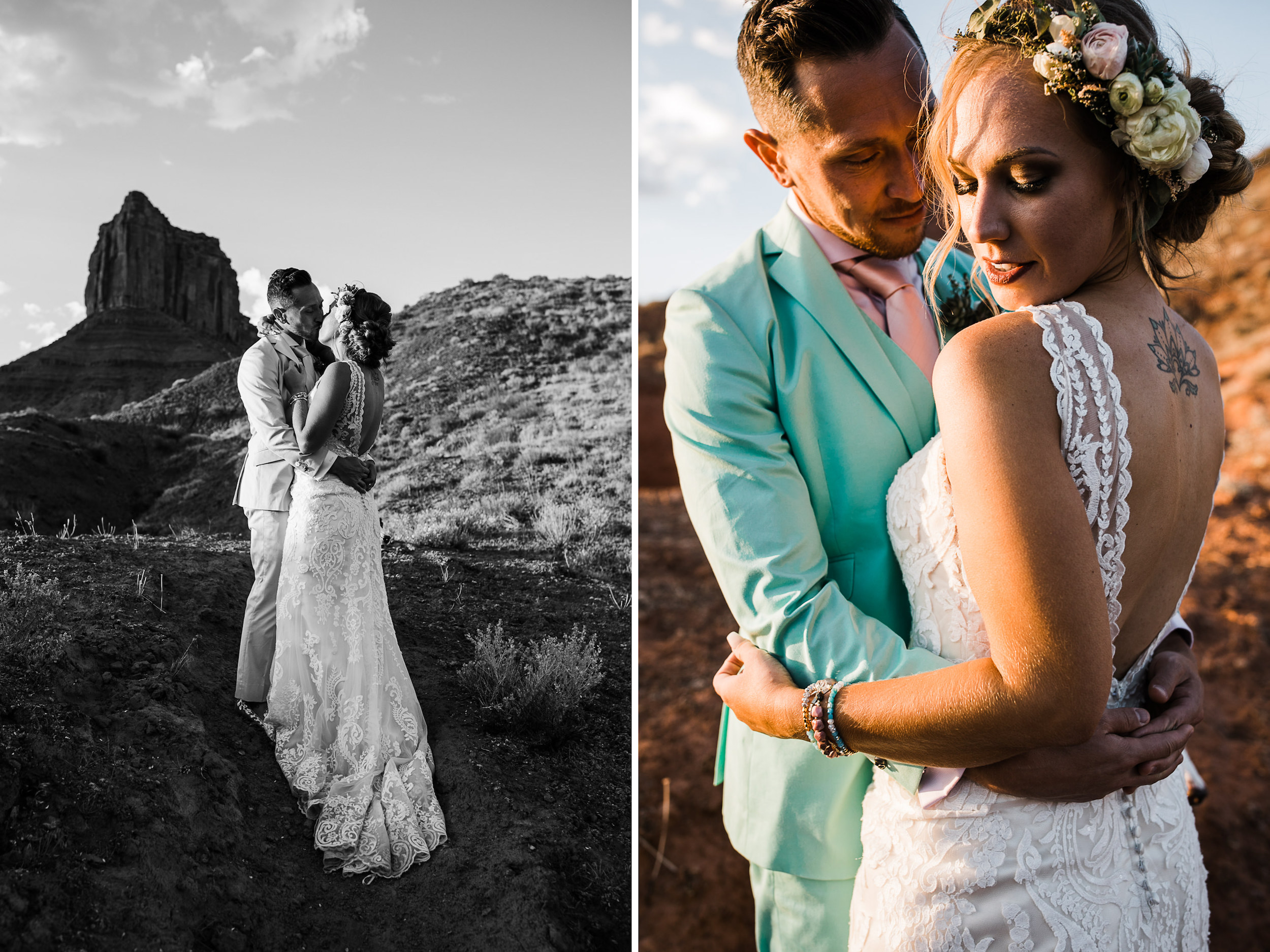 sunrise adventure wedding session | moab, utah elopement photographer | desert wedding inspiration | blue tux | mint colored suit | unique groom | the hearnes adventure photography