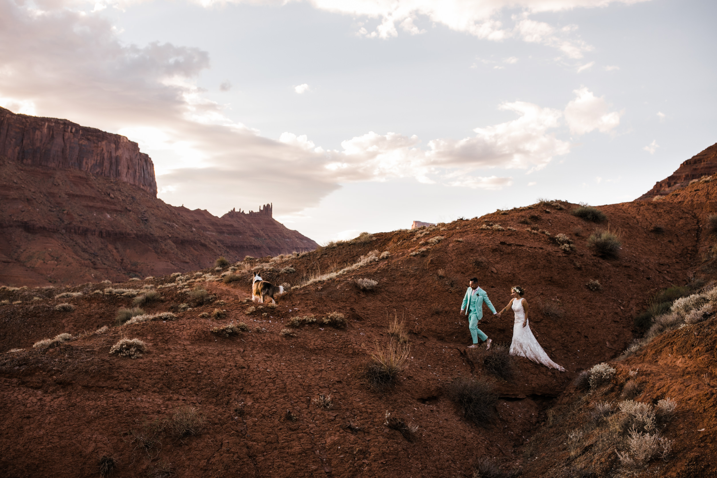 sunrise adventure wedding session | moab, utah elopement photographer | desert wedding inspiration | blue tux | mint colored suit | unique groom | the hearnes adventure photography