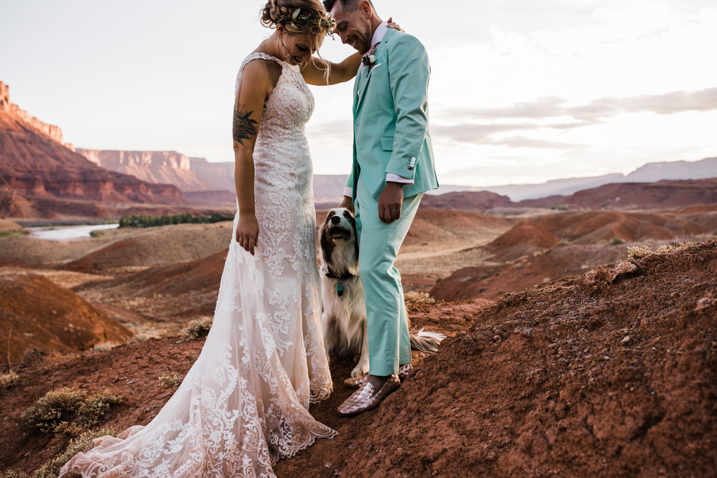 sunrise adventure wedding session | moab, utah elopement photographer | desert wedding inspiration | blue tux | mint colored suit | unique groom | the hearnes adventure photography