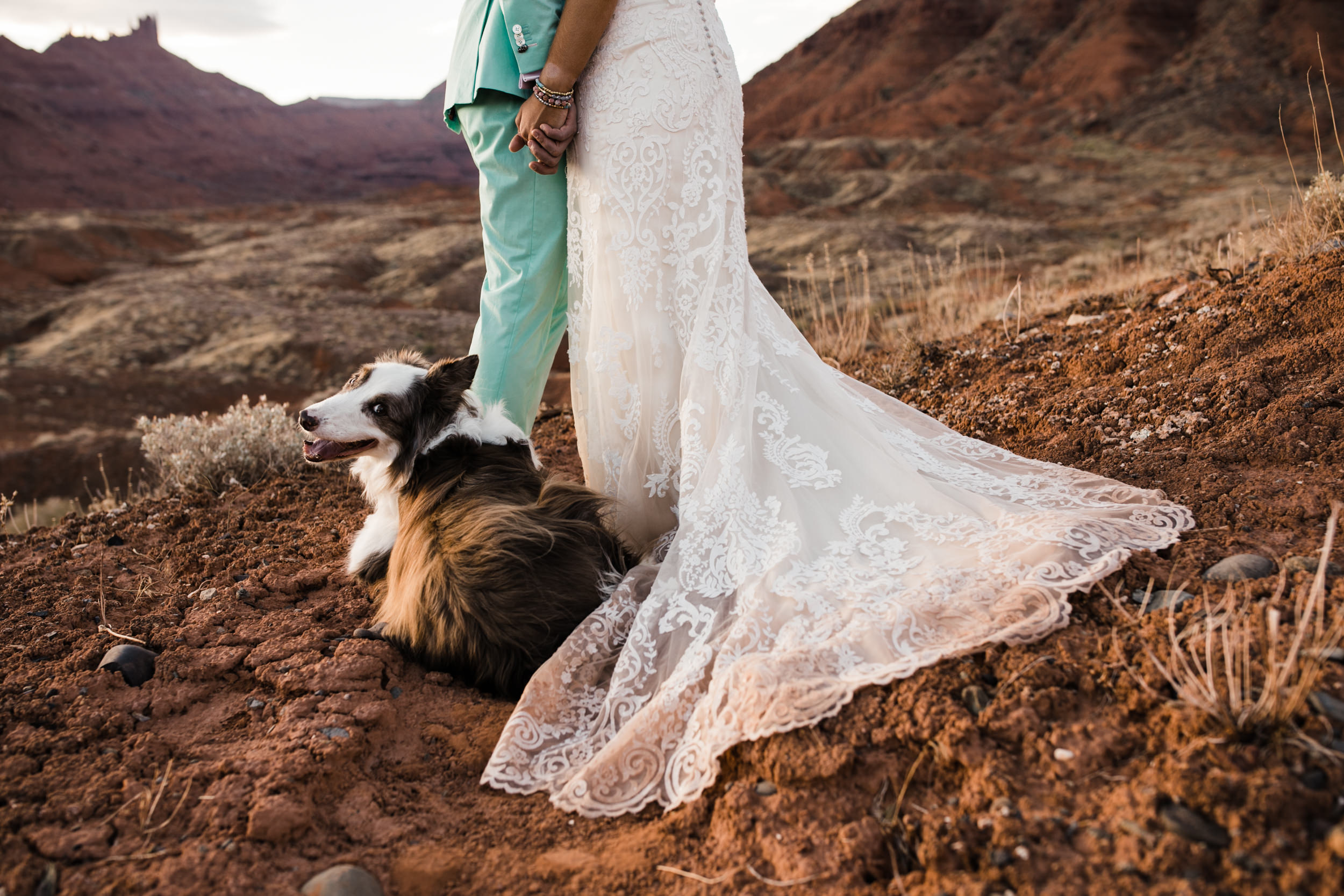 sunrise adventure wedding session | moab, utah elopement photographer | desert wedding inspiration | blue tux | mint colored suit | unique groom | the hearnes adventure photography