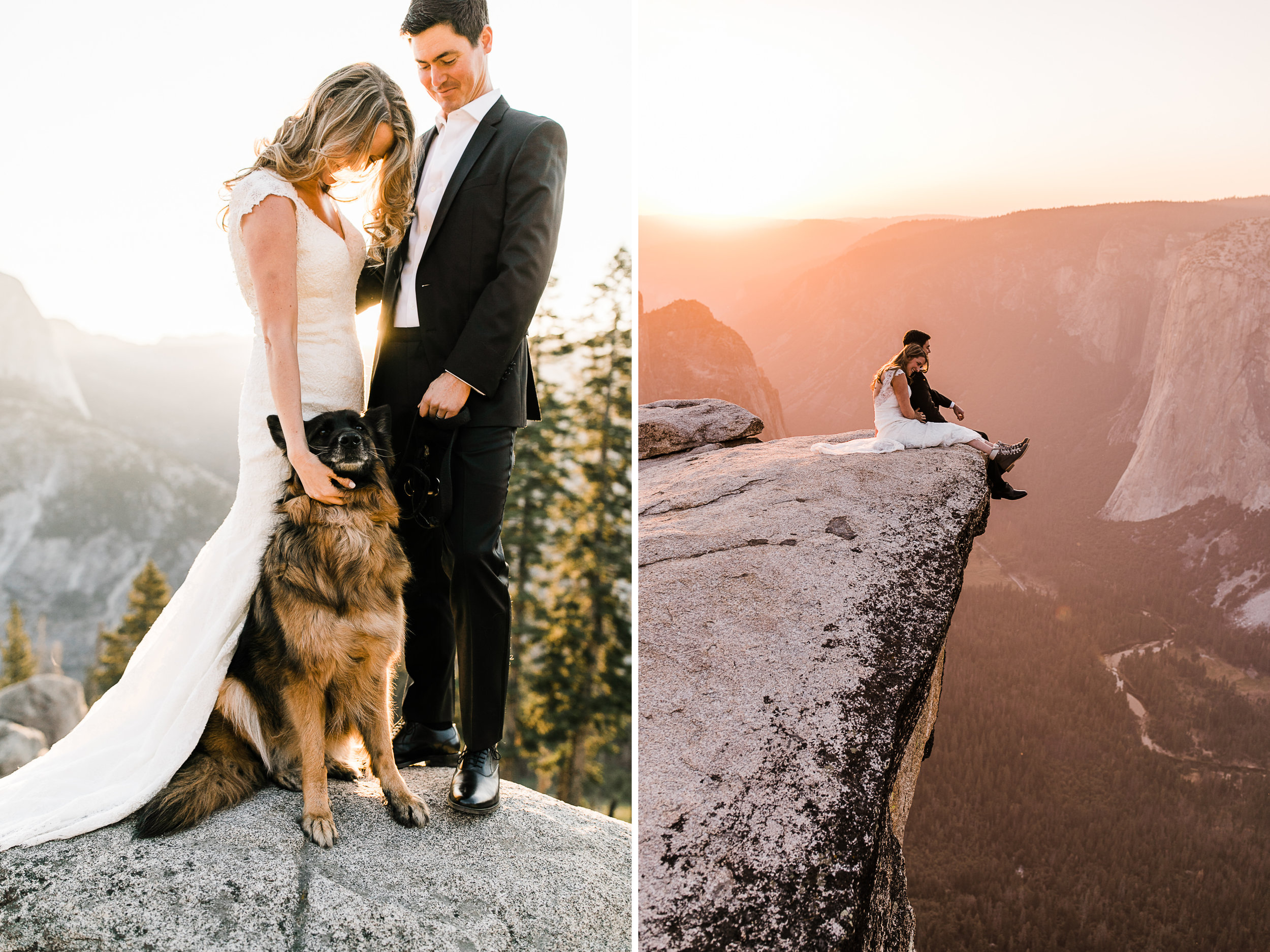 first look and wedding portraits at glacier point | bride and groom with a dog | yosemite national park elopement photographer | the hearnes adventure photography