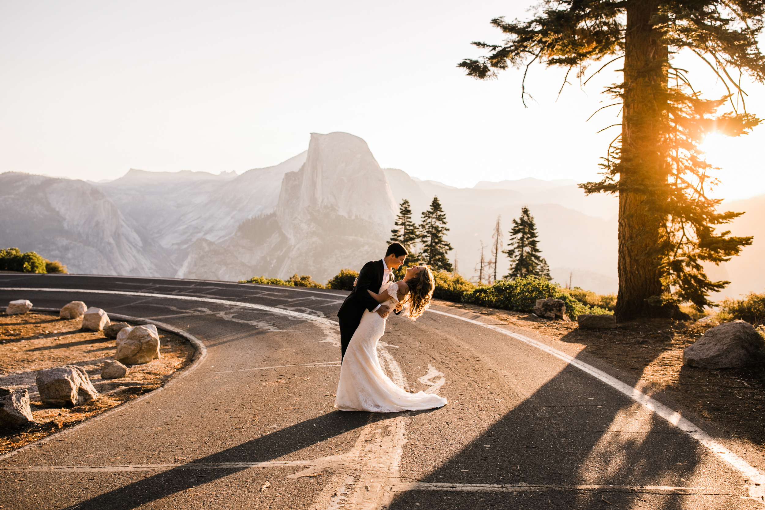 first look and wedding portraits at glacier point | bride and groom with a dog | yosemite national park elopement photographer | the hearnes adventure photography 